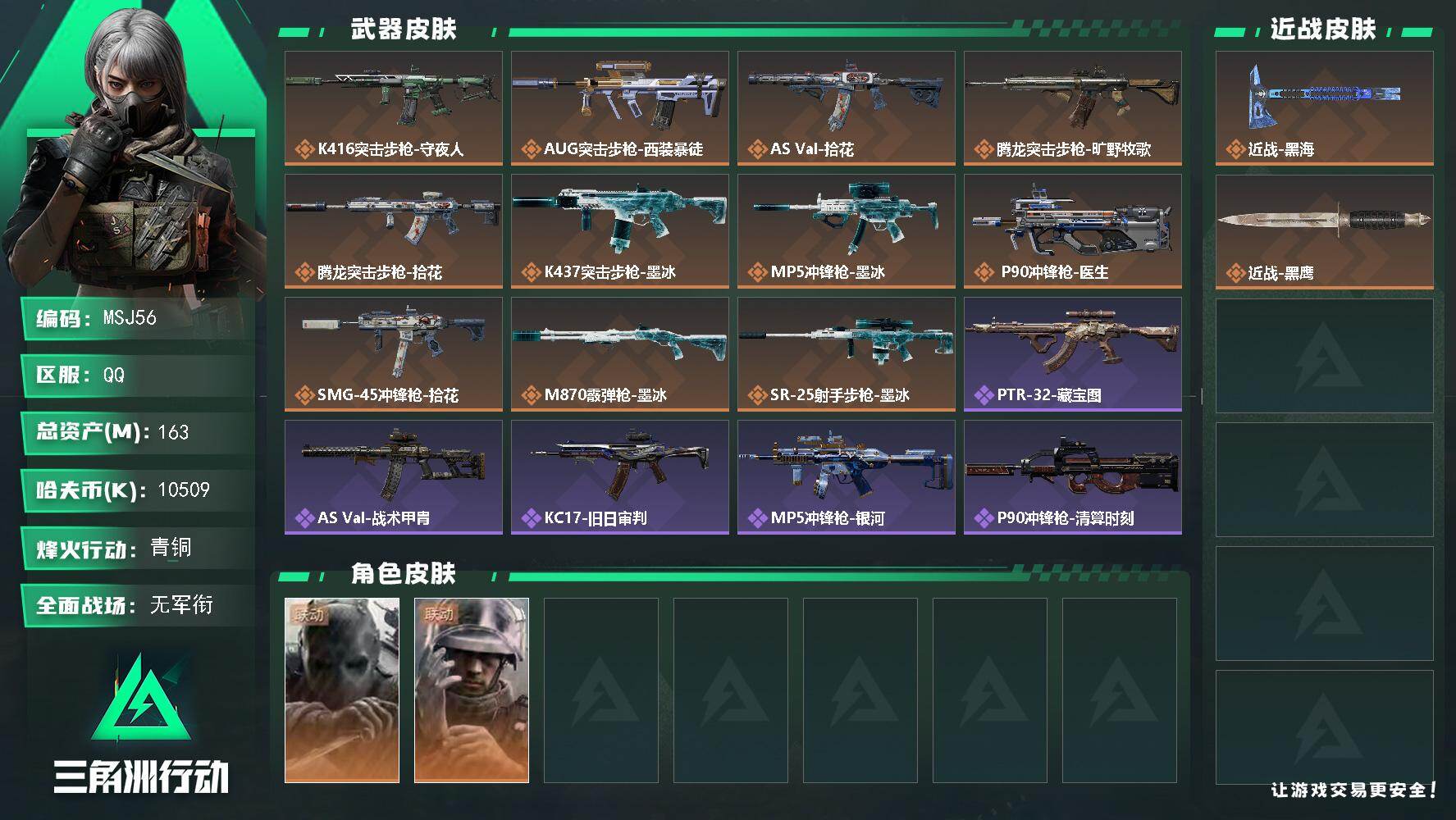 三角洲行动账号QQ【MSJ56】163m总资产-10509哈夫币-54烽火等级-青铜-5战场等级-无军衔
【干员外观】：无名-守夜人，蜂医-医生
【近战皮肤】：近战-黑海，近战-黑鹰
【传说外观】：K416突击步枪-