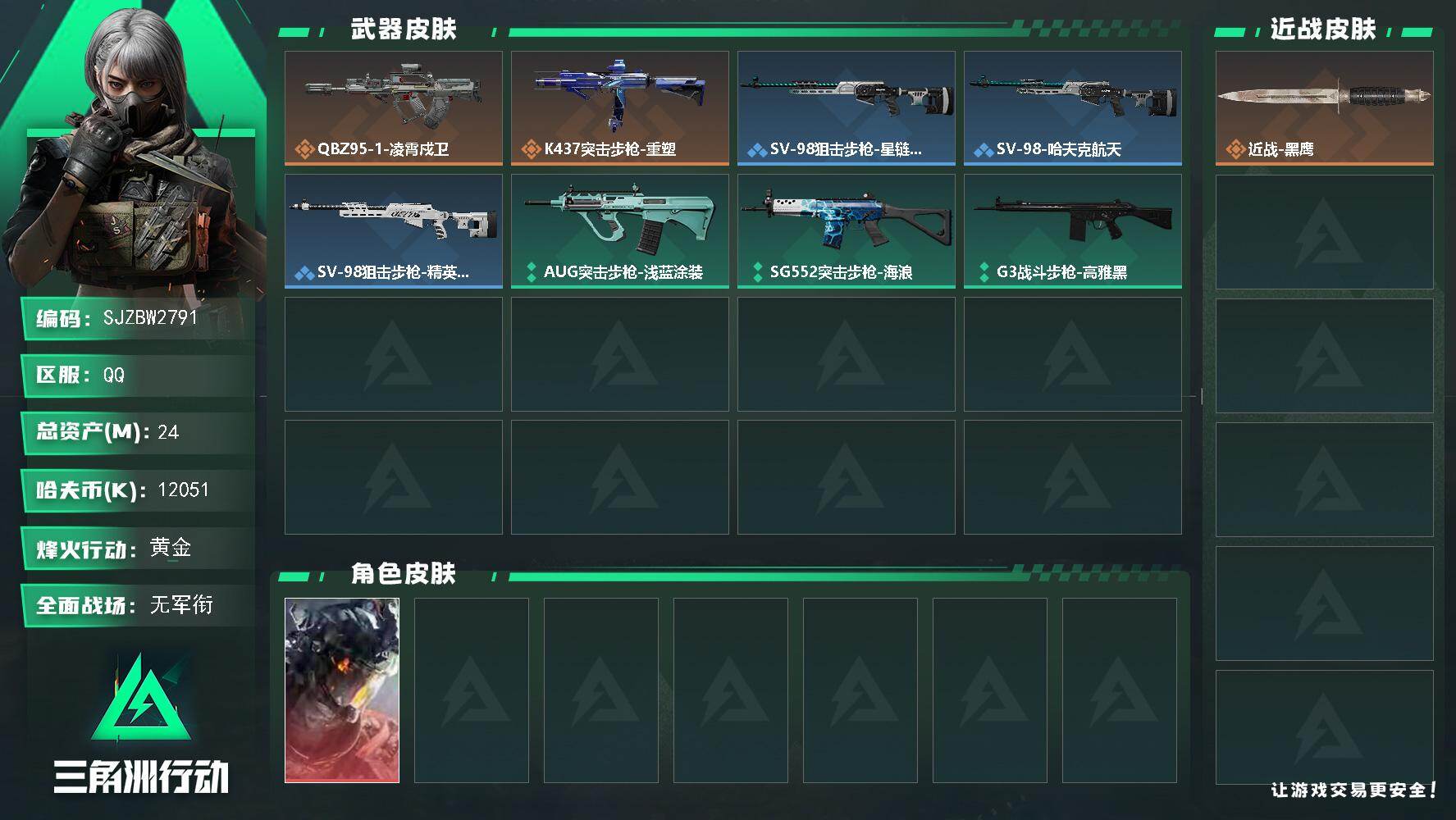 三角洲行动账号QQ【SJZBW2791】总资产24M/哈夫币1205万/干员外观数1/传说枪皮数2/战场等级1/行动等级31/安全箱等时效性道具以游戏内数据为准，详情请看图/威龙-凌霄戍卫/近战-黑鹰/QBZ95-1