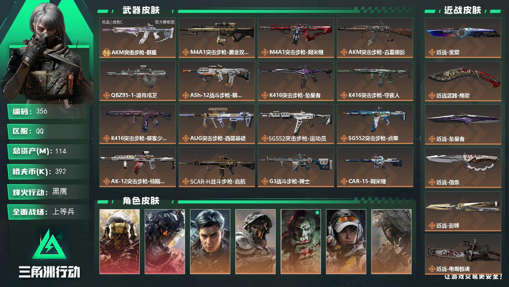 三角洲行动账号QQ【编号96523 可秒换绑】【总资产114.8m 流动资产101m 2红皮 蚀金玫瑰 凌霄戍卫 6刀