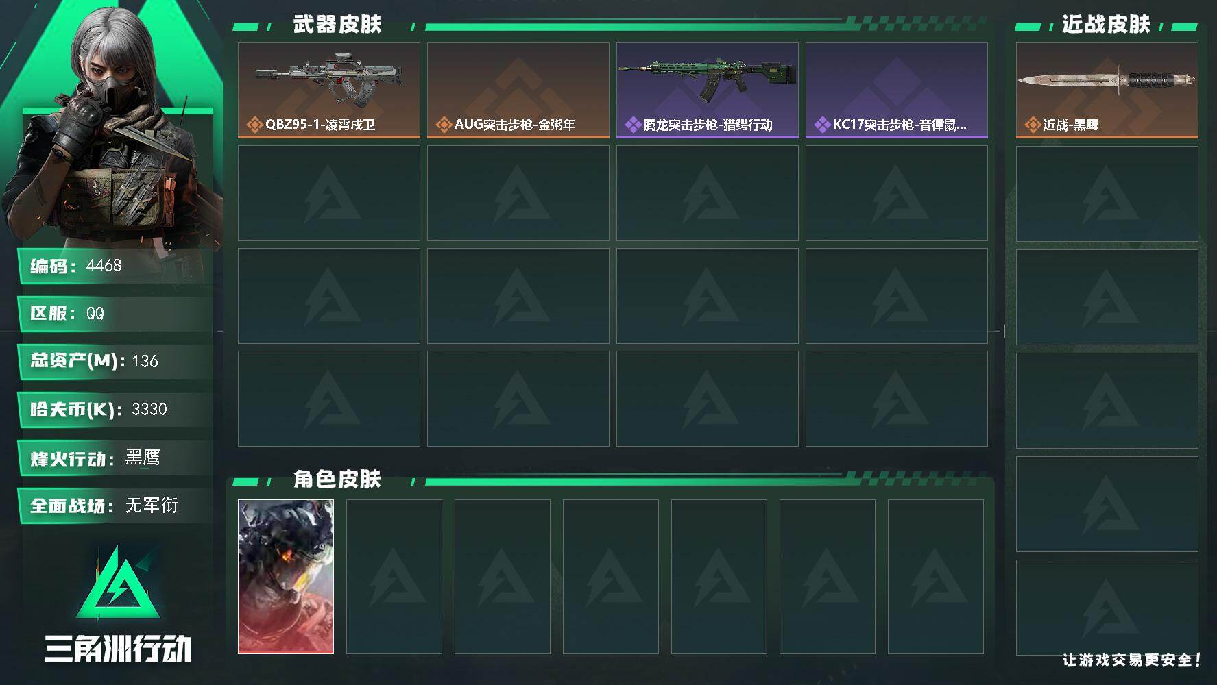三角洲行动账号QQ【4468】总资产136M/哈夫币333万/干员外观数1/战场等级1/行动等级60/安全箱等时效性道
