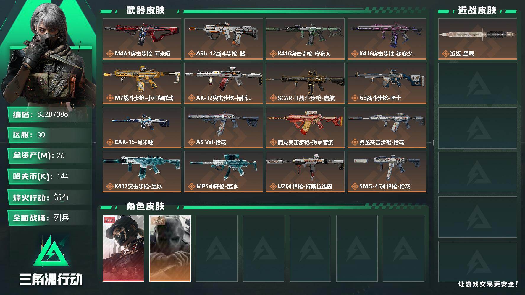 三角洲行动账号QQ【SJZD7386】总资产26M/哈夫币14万/干员外观数2/传说枪皮数27/战场等级17/行动等级60/安全箱等时效性道具以游戏内数据为准，详情请看图/露娜-黑·天际线/无名-守夜人/近战-黑鹰/