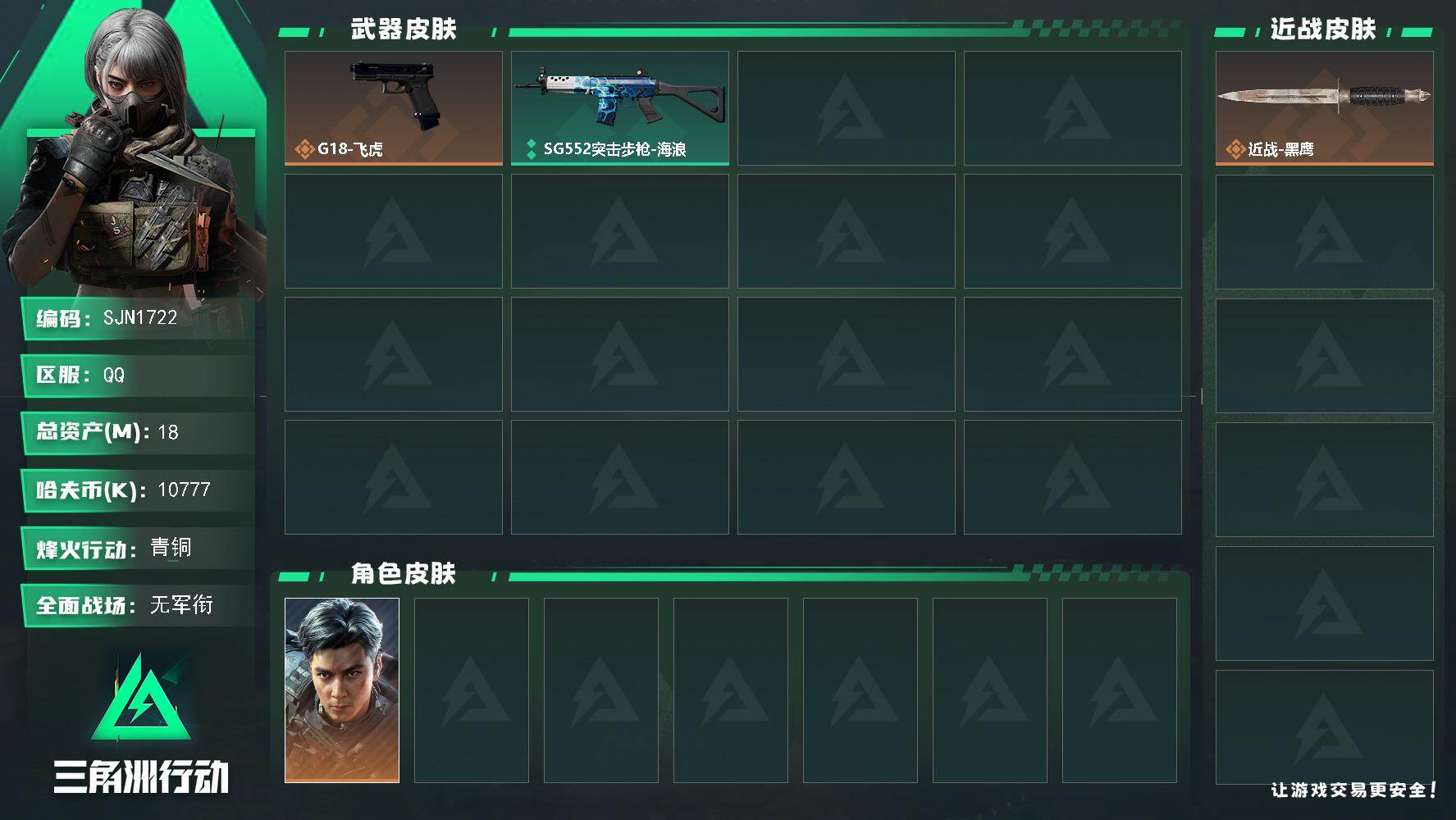 三角洲行动账号QQ【SJN1722】总资产18M/哈夫币1077万/干员外观数1/传说枪皮数1/战场等级1/行动等级16/安全箱等时效性道具以游戏内数据为准，详情请看图/威龙-飞虎/近战-黑鹰/ G18-飞虎/SG5