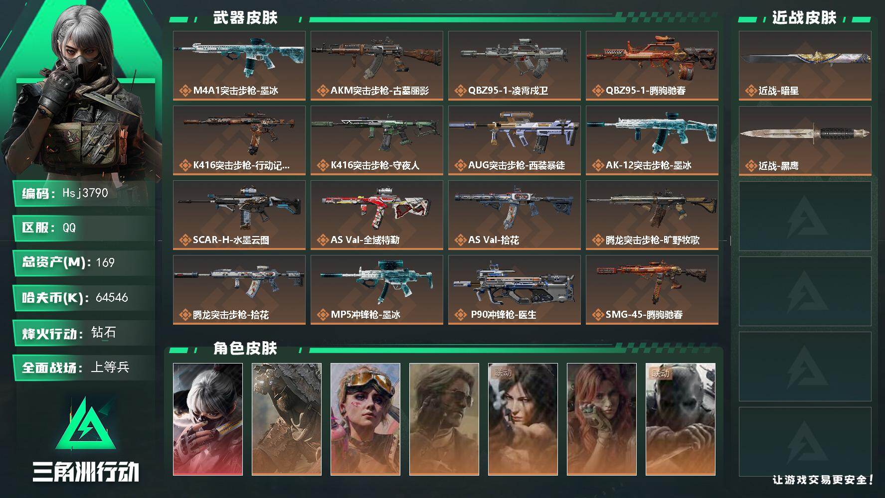 三角洲行动账号QQ【特价秒杀】【总资产169.3m流动资产136.7m哈夫币6454w】全面战场等级34/烽火地带等级