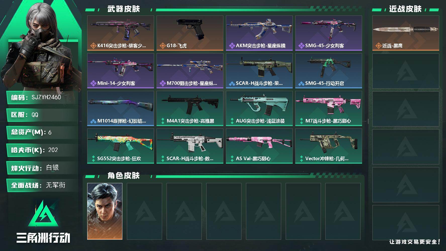 三角洲行动账号QQ【SJZYH2460】总资产6M/哈夫币20万/干员外观数1/传说枪皮数2/战场等级1/行动等级33/安全箱等时效性道具以游戏内数据为准，详情请看图/威龙-飞虎/近战-黑鹰/K416突击步枪-骇客少