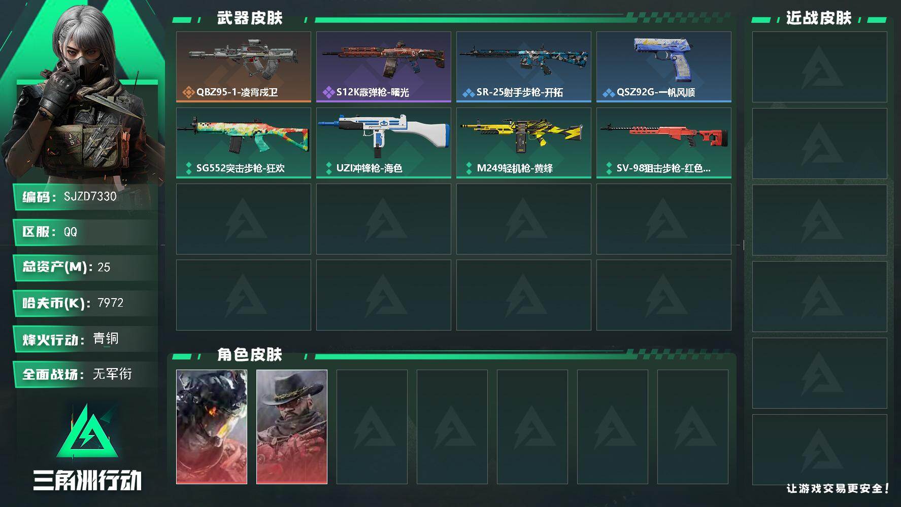 三角洲行动账号QQ【SJZD7330】总资产25M/哈夫币797万/干员外观数2/传说枪皮数1/战场等级1/行动等级25/安全箱等时效性道具以游戏内数据为准，详情请看图/威龙-凌霄戍卫/牧羊人-安魂/QBZ95-1突