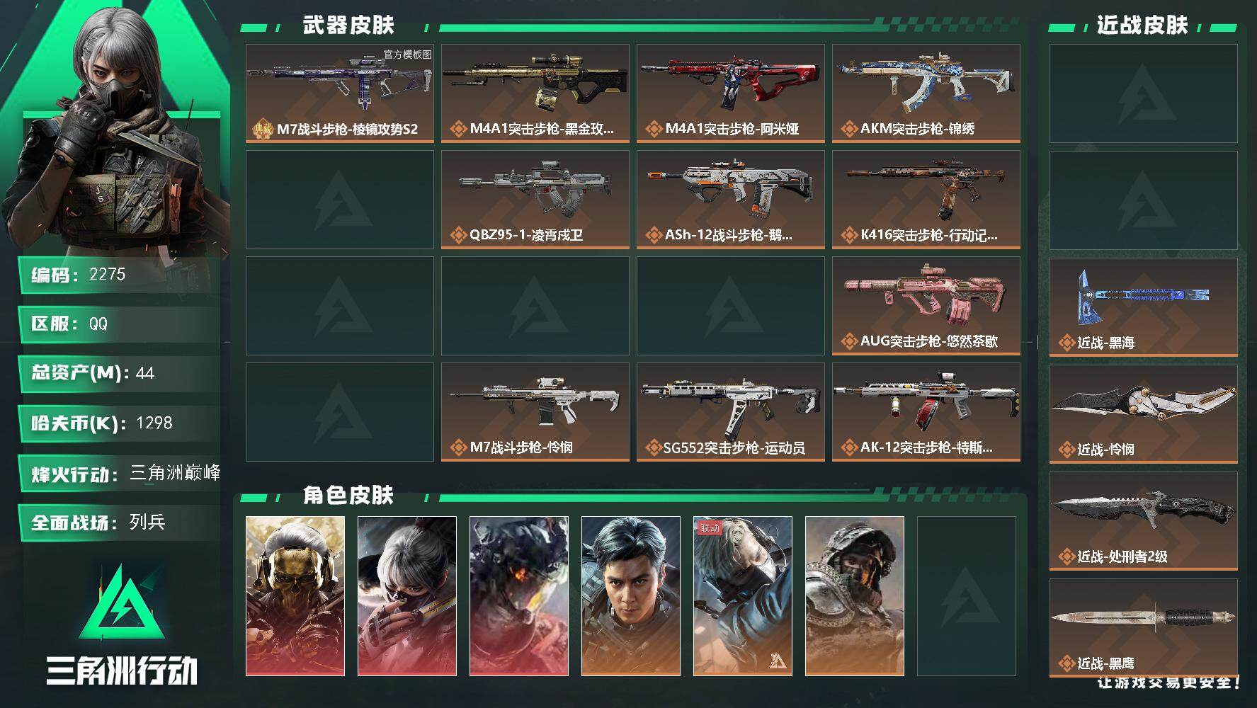 三角洲行动账号QQ44m总资产-1298k哈夫币-60烽火等级-三角洲巅峰-49战场等级-列兵
【干员外观】：红狼-蚀