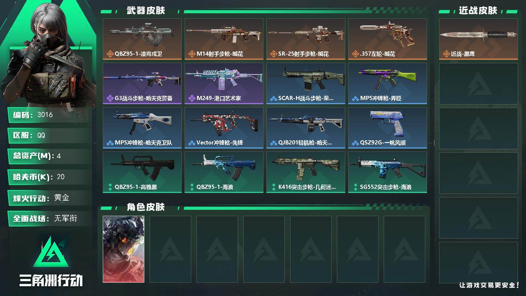 三角洲行动账号QQ【3016】【可二次·凌霄戍卫初始小号·限时秒杀·手速把握】
4m总资产20k哈夫币33烽火等级黄金
