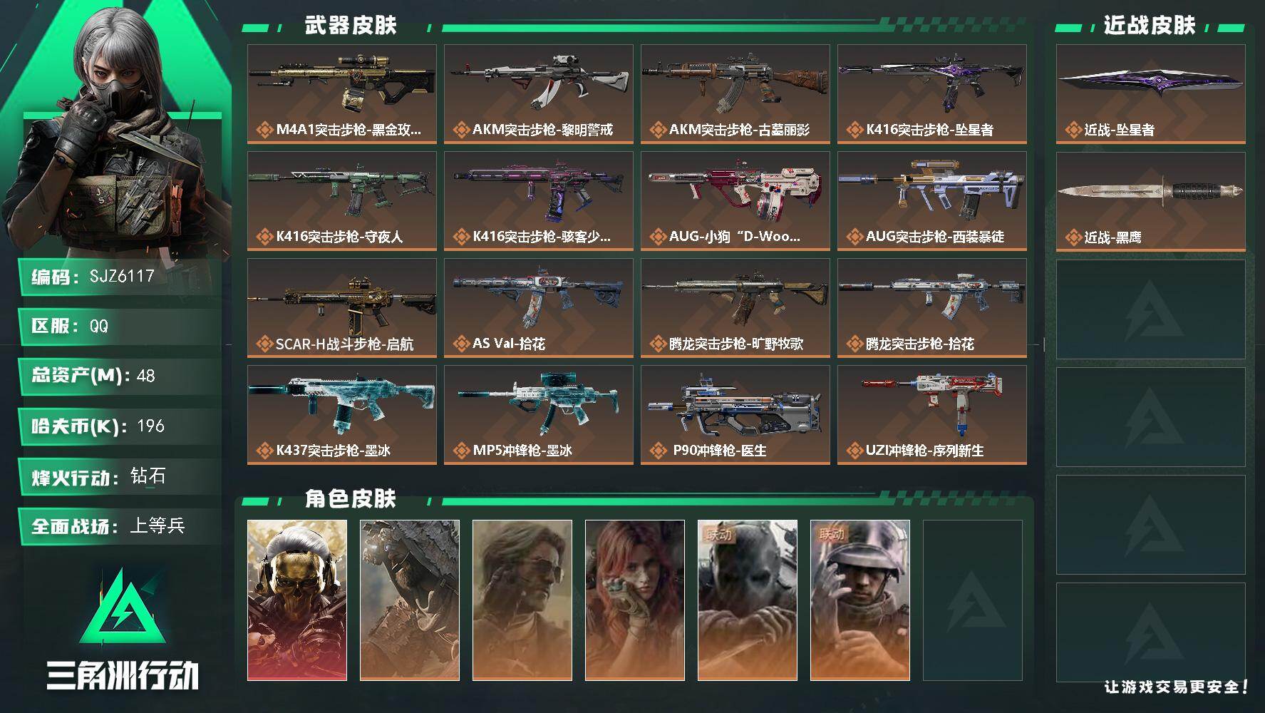 三角洲行动账号QQ【SJZ6117】总资产48M/哈夫币19万/传说近战数1/干员外观数6/传说枪皮数21/战场等级50/行动等级60/安全箱等时效性道具以游戏内数据为准，详情请看图/红狼-蚀金玫瑰/乌鲁鲁-荒原猎手