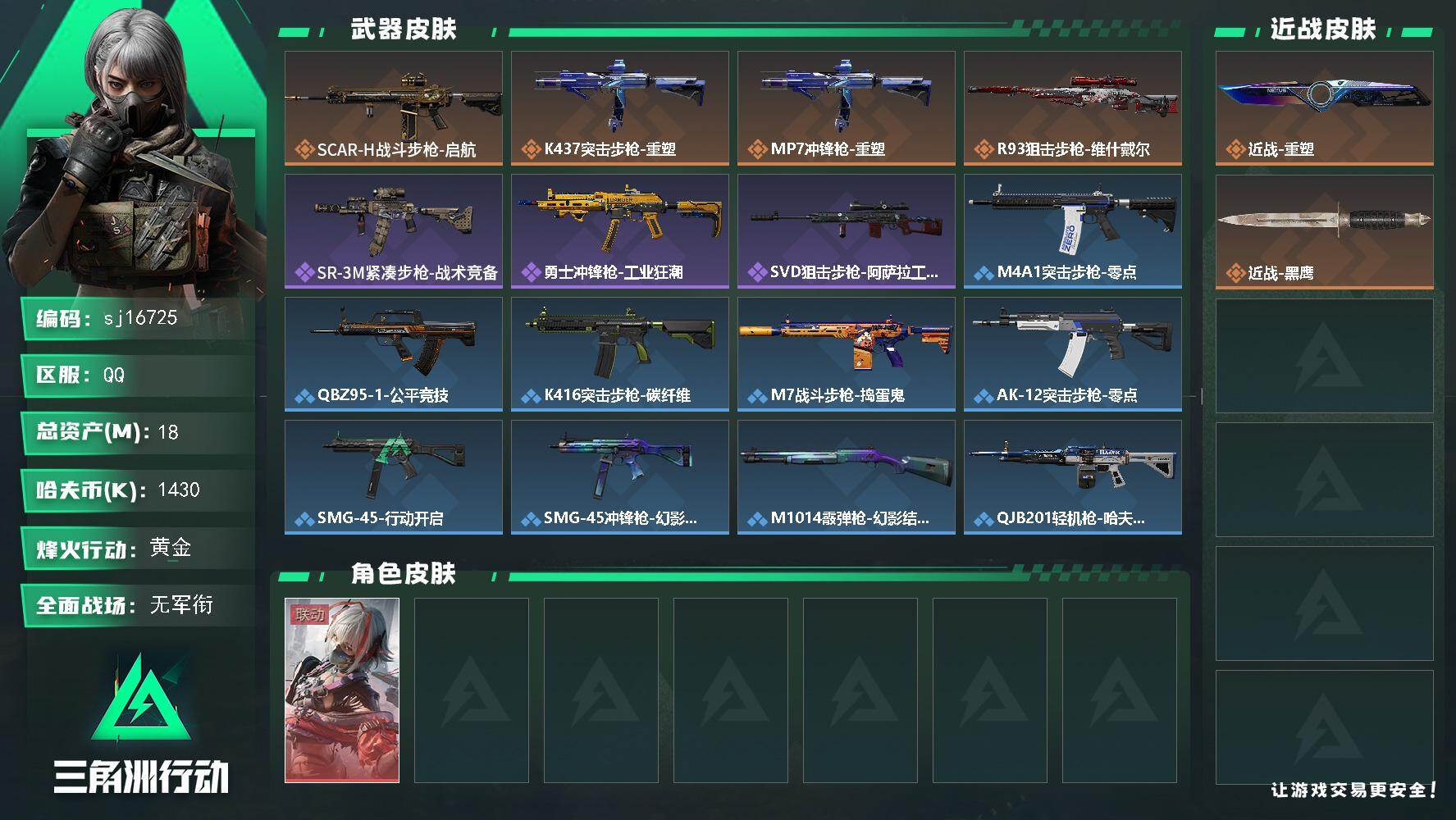 三角洲行动账号QQ总资产18M/哈夫币143万/传说近战数1/干员外观数1/传说枪皮数4/战场等级1/行动等级37/安