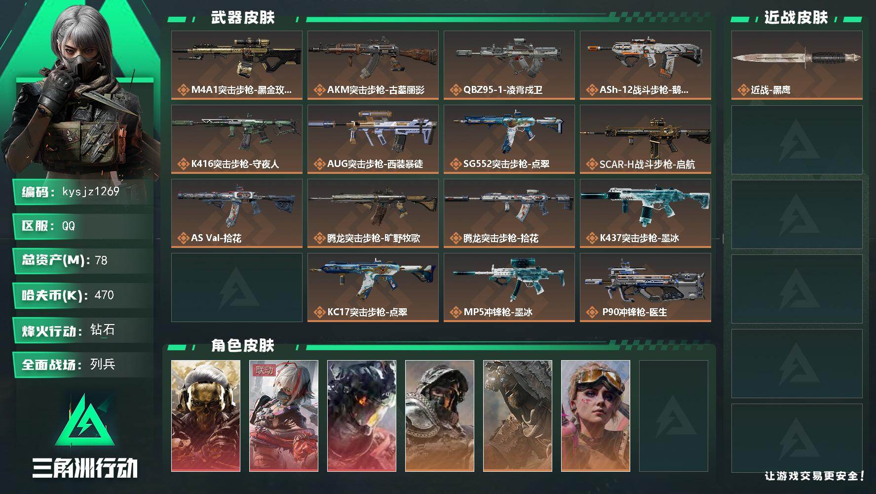 三角洲行动账号QQ78m总资产-470k哈夫币-60烽火等级-钻石-26战场等级-列兵
【干员外观】：红狼-蚀金玫瑰，