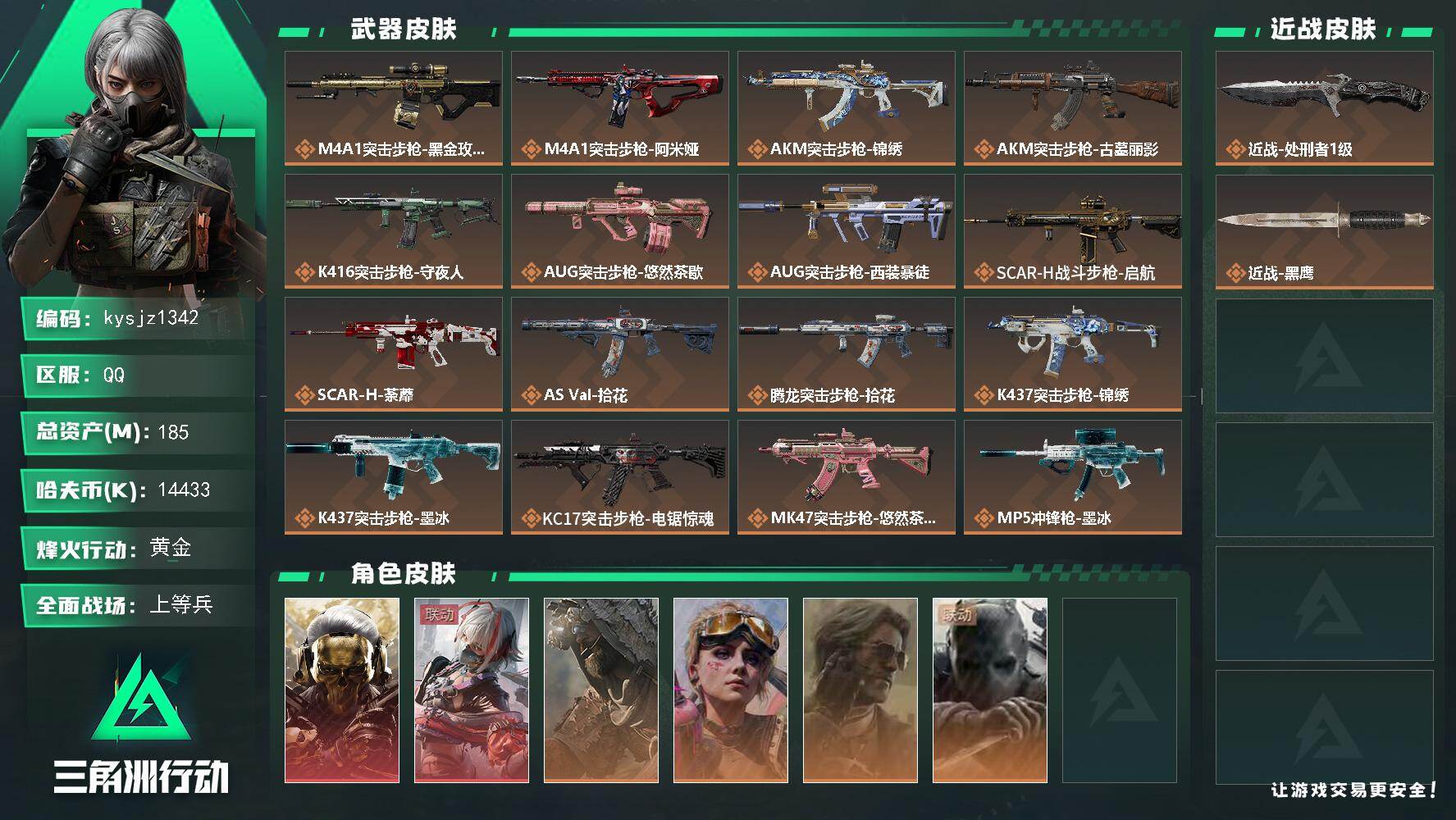 三角洲行动账号QQ185m总资产-14433k哈夫币-60烽火等级-黄金-40战场等级-上等兵
【干员外观】：红狼-蚀