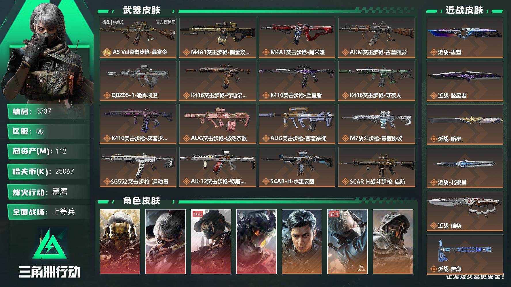 三角洲行动账号QQ112m总资产-25067k哈夫币-60烽火等级-黑鹰-50战场等级-上等兵
【干员外观】：红狼-蚀