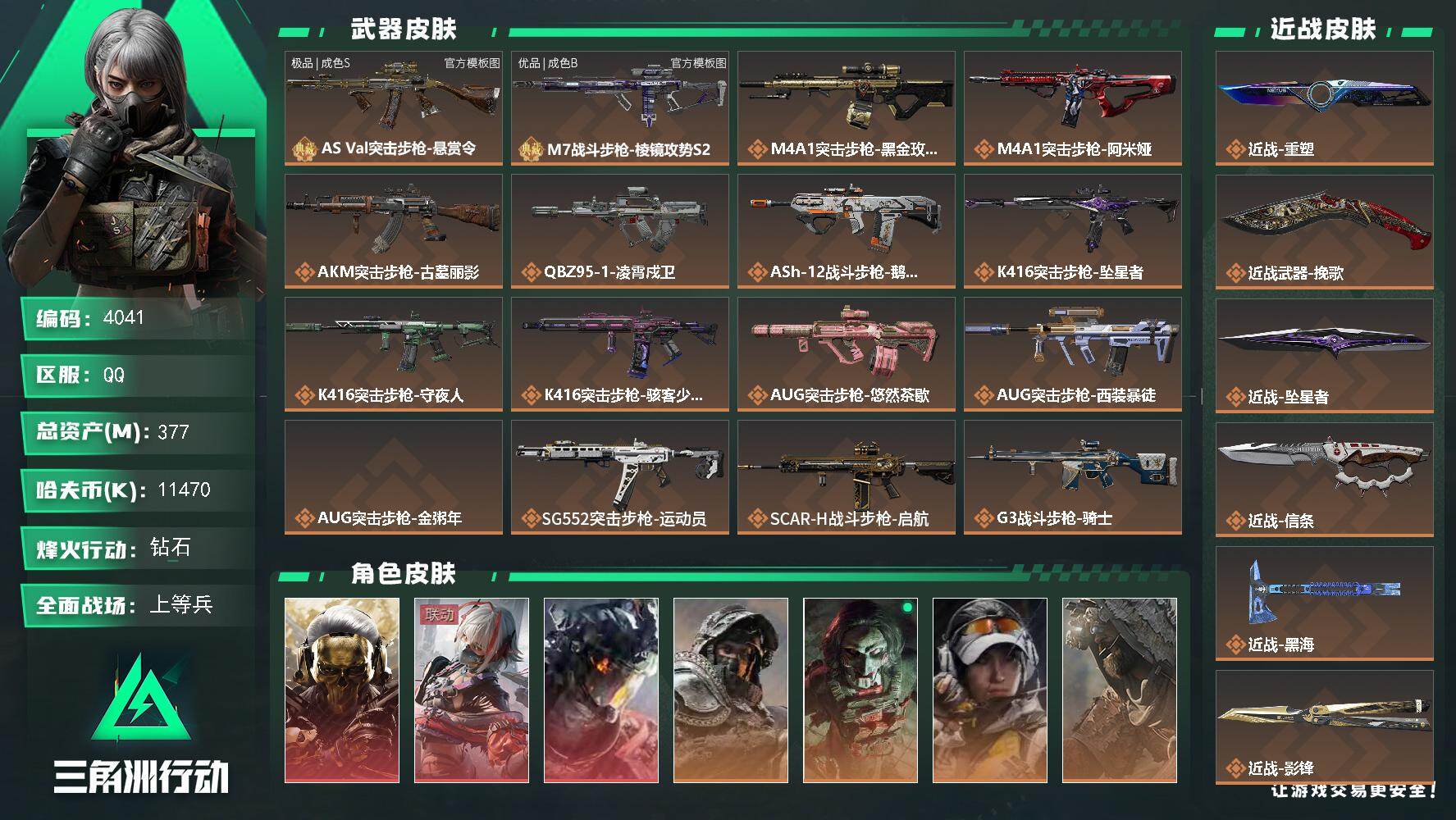 三角洲行动账号QQ【4041】总资产377M/哈夫币1147万/干员外观数11/战场等级50/行动等级60/安全箱等时