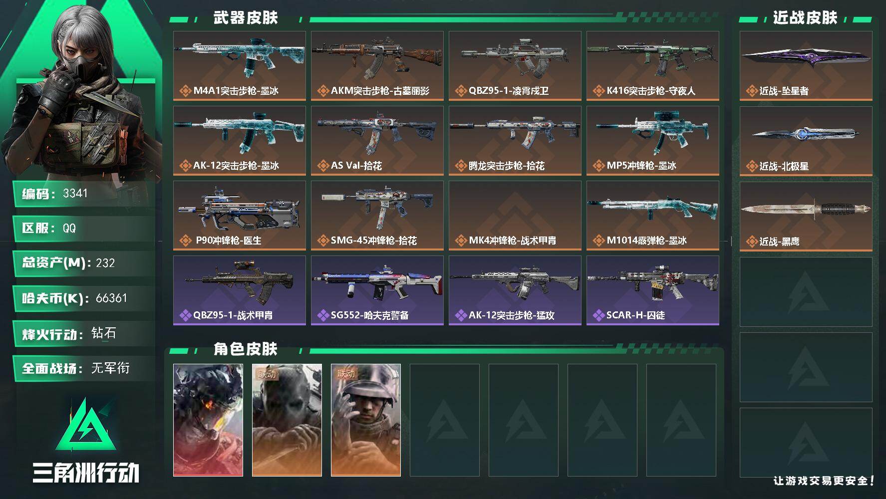 三角洲行动账号QQ232m总资产-66361k哈夫币-60烽火等级-钻石-3战场等级-无军衔
【干员外观】：威龙-凌霄