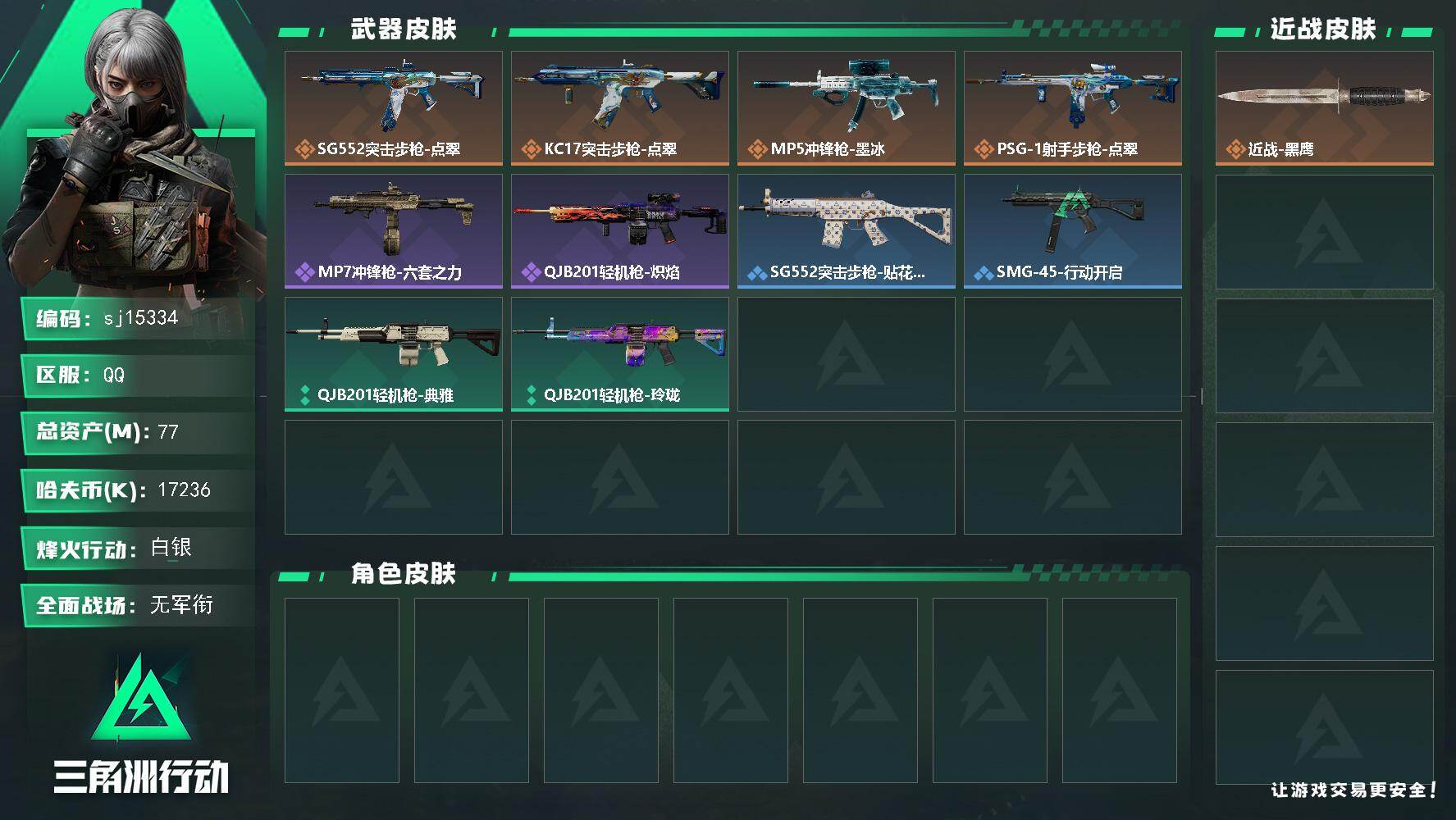 三角洲行动账号QQ总资产77M/哈夫币1723万/传说枪皮数4/战场等级1/行动等级60/安全箱等时效性道具以游戏内数