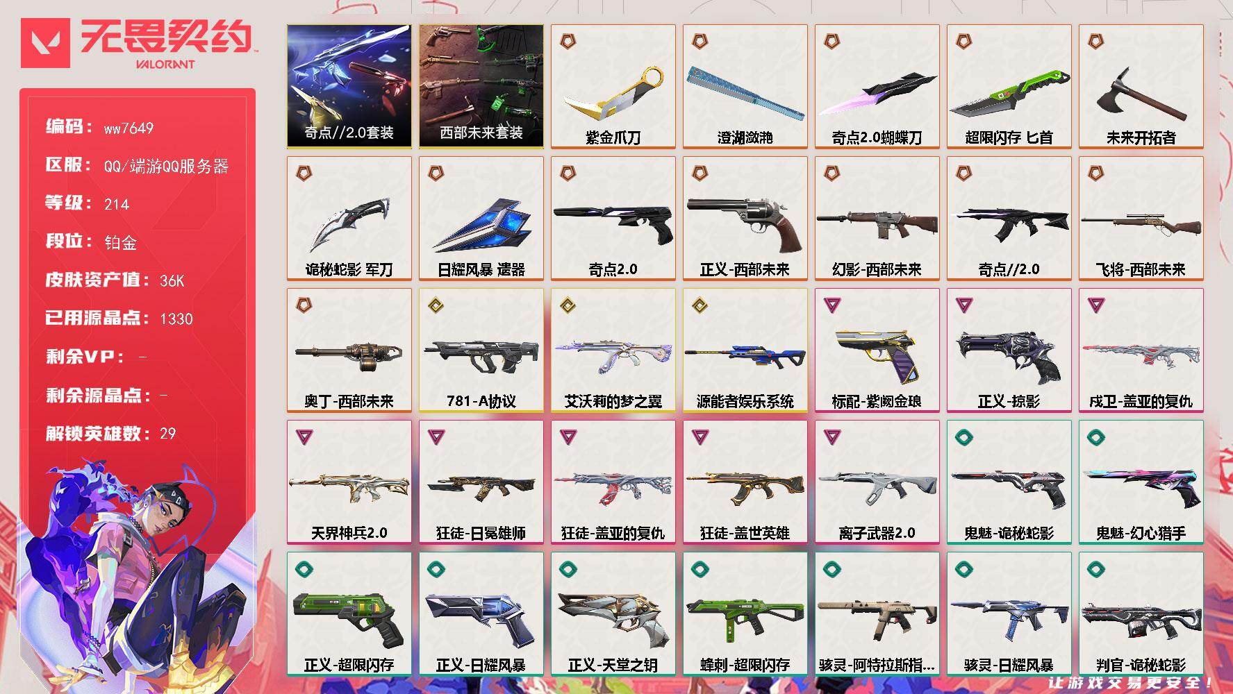 LV等级214/皮肤总价值36840/段位铂金/总皮肤数量75/刀皮数量7/枪皮数量68/套装数量2/具体详情请看图/西部未来 礼包/奇点//2.0 礼包/幻棱/炼狱/维斯/暮蝶/钛狐/壹决/铁臂/捷风/雷兹/幽影/不死鸟/贤者/猎枭/蝰蛇/零/芮娜/奇乐/尚勃勒/霓虹/斯凯/夜露/星礈/K/O/海神/盖可/黑梦/钢锁/禁灭/迷核/近战武器-奇点//2.0蝴蝶刀/近战武器-紫金爪刀/近战武器-