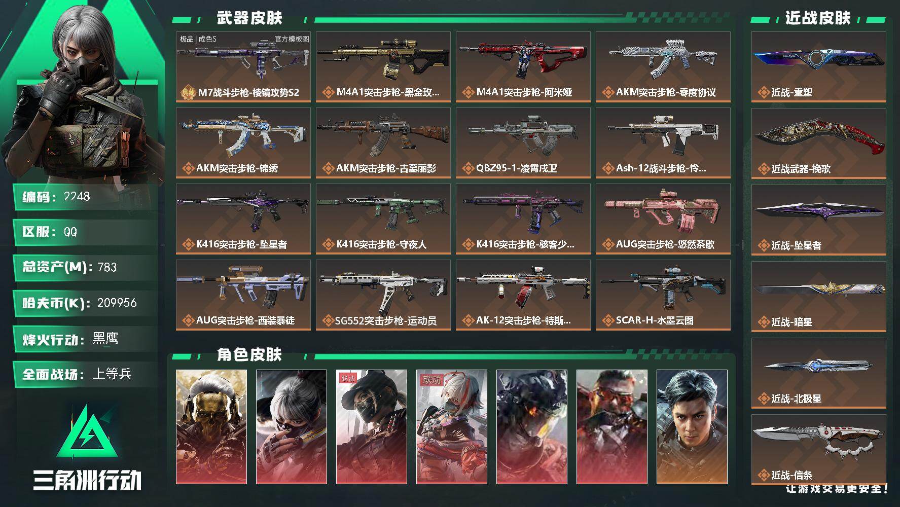 三角洲行动账号QQ783m总资产-k哈夫币-60烽火等级-黑鹰-24战场等级-上等兵
【干员外观】：红狼-蚀金玫瑰，骇