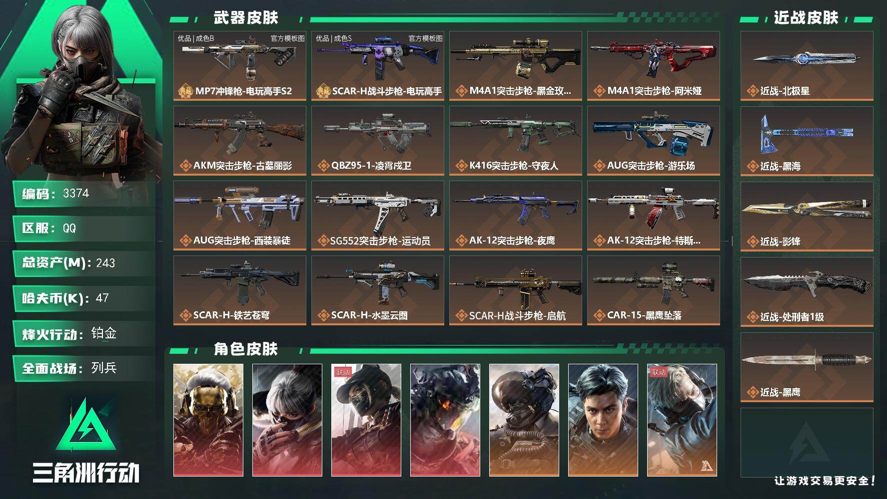 三角洲行动账号QQ243m总资产-47k哈夫币-60烽火等级-铂金-42战场等级-列兵
【干员外观】：红狼-蚀金玫瑰，