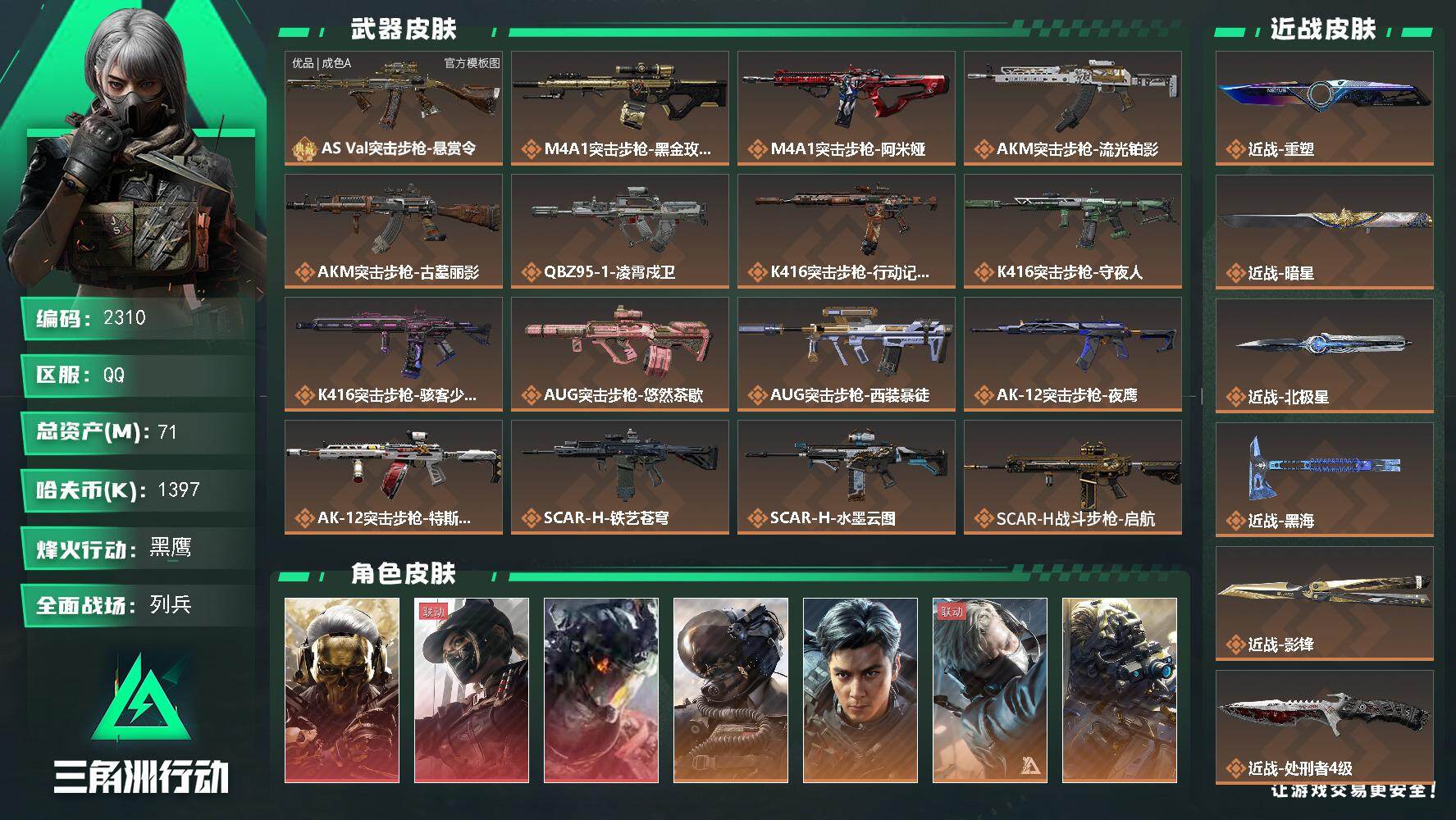 三角洲行动账号QQ71m总资产-1397k哈夫币-60烽火等级-黑鹰-34战场等级-列兵
【干员外观】：红狼-蚀金玫瑰