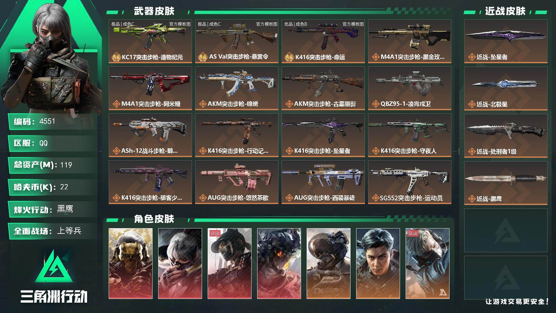 三角洲行动账号QQ【4551】总资产119M/哈夫币2万/传说近战数3/干员外观数18/典藏外观数3/传说枪皮数66/