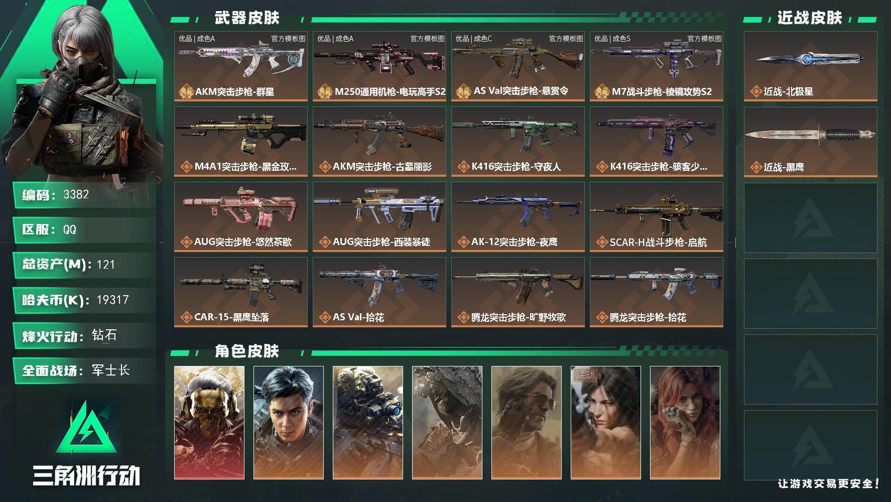 三角洲行动账号QQ121m总资产-19317k哈夫币-60烽火等级-钻石-34战场等级-军士长
【干员外观】：红狼-蚀