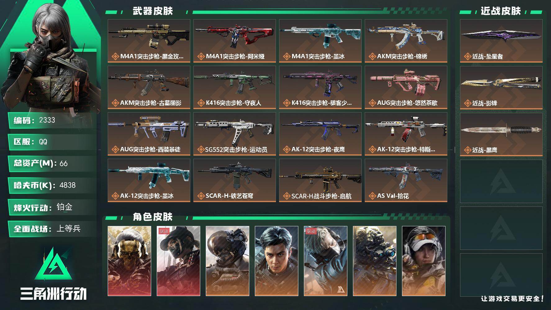 三角洲行动账号QQ66m总资产-4838k哈夫币-60烽火等级-铂金-50战场等级-上等兵
【干员外观】：红狼-蚀金玫