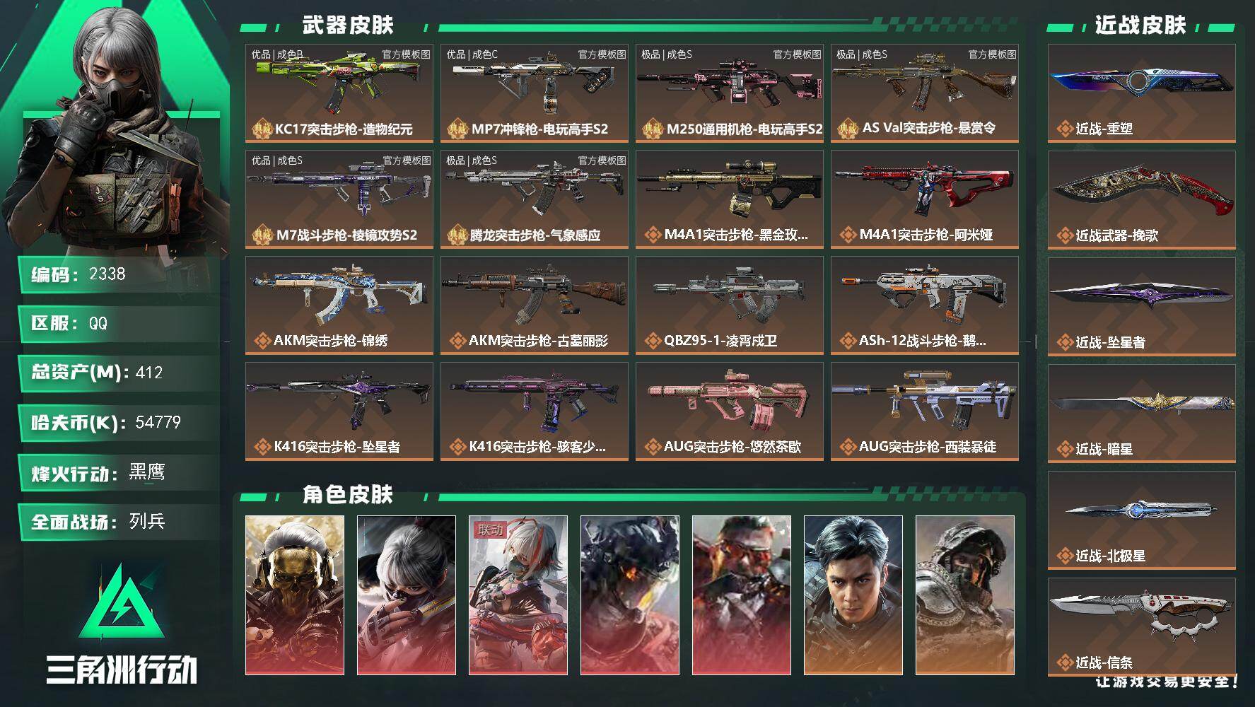 三角洲行动账号QQ412m总资产-54779k哈夫币-60烽火等级-黑鹰-32战场等级-列兵
【干员外观】：红狼-蚀金