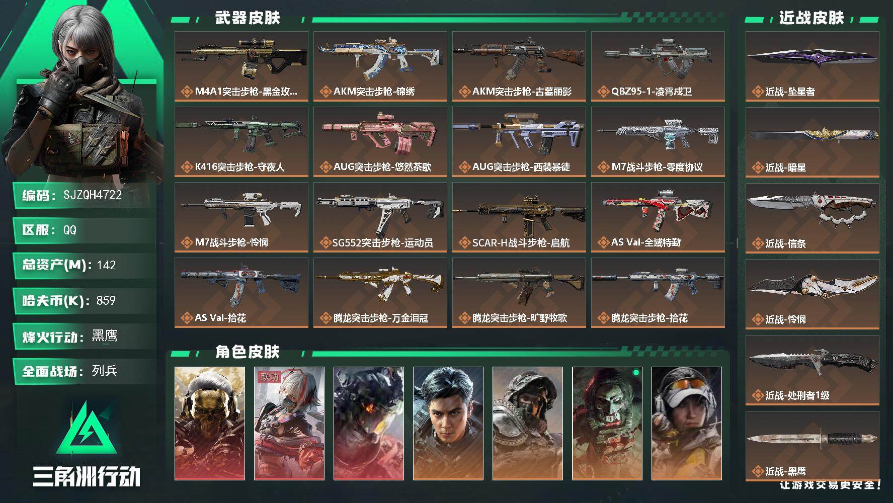 三角洲行动账号QQ【SJZQH4722】总资产142M/哈夫币85万/传说近战数5/干员外观数14/传说枪皮数33/战