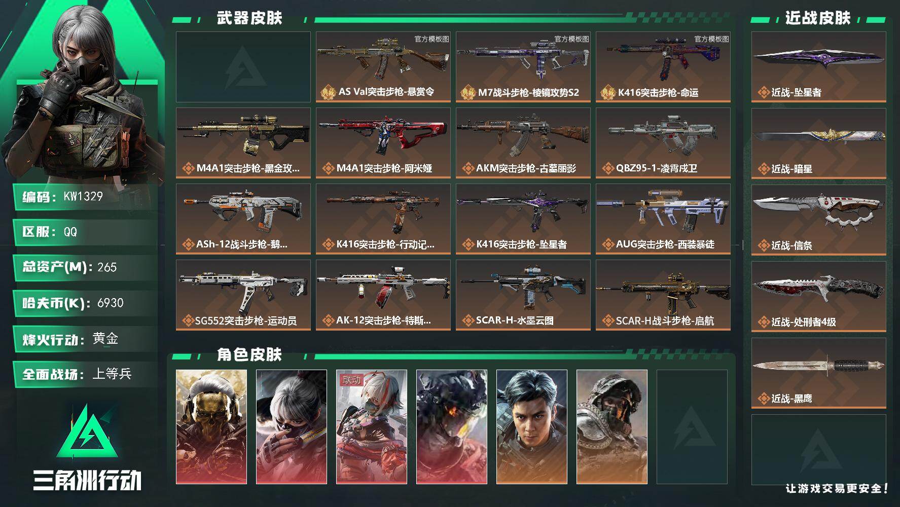 三角洲行动账号QQ【KW1329】总资产265M/哈夫币693万/传说近战数4/干员外观数12/典藏外观数4/传说枪皮数55/战场等级34/行动等级60/安全箱等时效性道具以游戏内数据为准，详情请看图/红狼-蚀金玫瑰