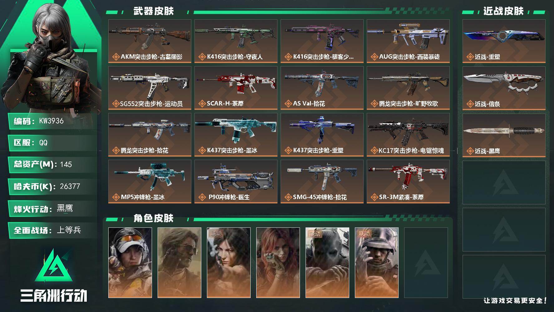 三角洲行动账号QQ【KW3936】总资产145M/哈夫币2637万/传说近战数2/干员外观数6/传说枪皮数23/战场等级17/行动等级60/安全箱等时效性道具以游戏内数据为准，详情请看图/凌霄戍卫/挂饰-洲小礼-深蓝