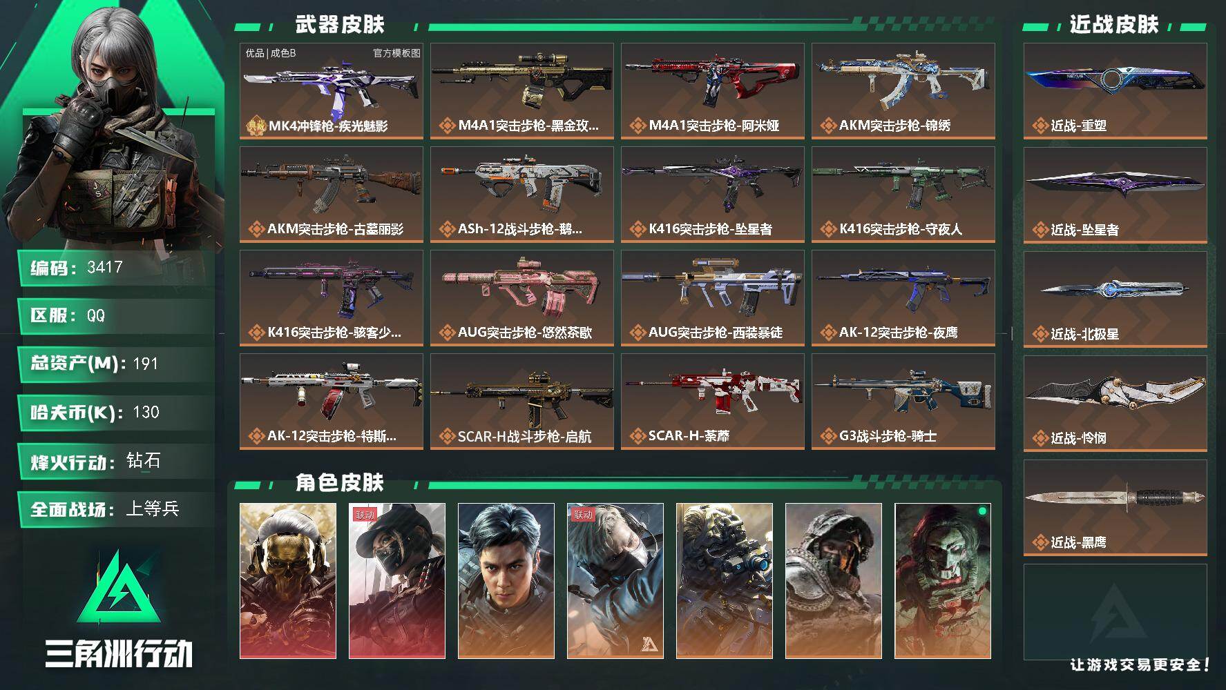 三角洲行动账号QQ191m总资产-130k哈夫币-60烽火等级-钻石-48战场等级-上等兵
【干员外观】：红狼-蚀金玫