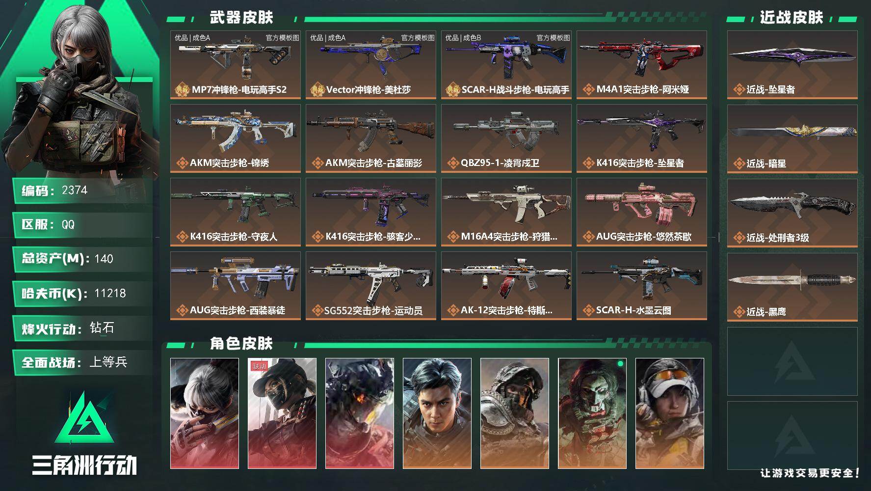 三角洲行动账号QQ140m总资产-11218k哈夫币-60烽火等级-钻石-50战场等级-上等兵
【干员外观】：骇爪-水