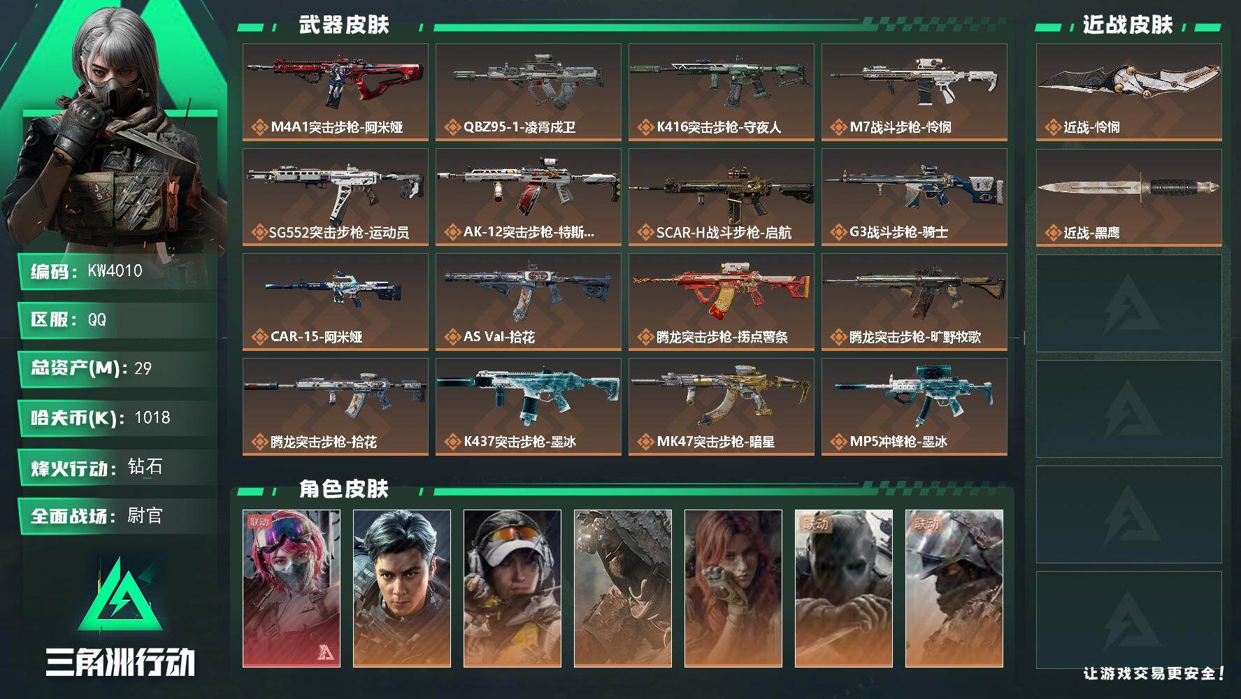 三角洲行动账号QQ【KW4010】总资产29M/哈夫币101万/传说近战数1/干员外观数8/传说枪皮数35/战场等级42/行动等级60/安全箱等时效性道具以游戏内数据为准，详情请看图/黄金视野/摇钱树/时间沙漏/挂饰