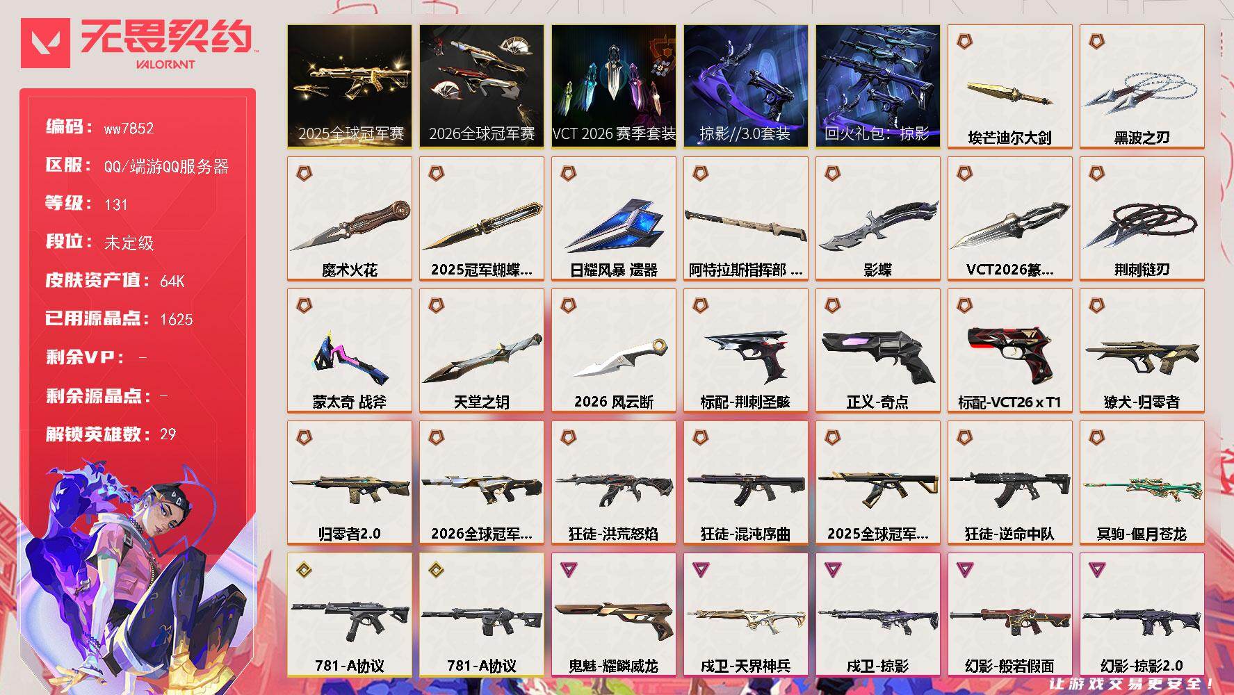 LV等级131/皮肤总价值64990/段位未定级/总皮肤数量139/刀皮数量12/枪皮数量127/套装数量5/具体详情请看图/追猎-掠影//3.0/追猎-失速落日/蜂刺-破风者/蜂刺-甜心猎手/蜂刺-失速落日/幻棱/炼狱/维斯/暮蝶/钛狐/壹决/铁臂/捷风/雷兹/幽影/不死鸟/贤者/猎枭/蝰蛇/零/芮娜/奇乐/尚勃勒/霓虹/斯凯/夜露/星礈/K/O/海神/盖可/黑梦/钢锁/禁灭/迷核/雄鹿-幻