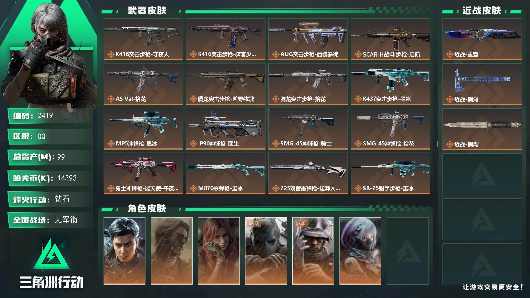 三角洲行动账号QQ99m总资产-14393k哈夫币-60烽火等级-钻石-1战场等级-无军衔
【干员外观】：威龙-飞虎，