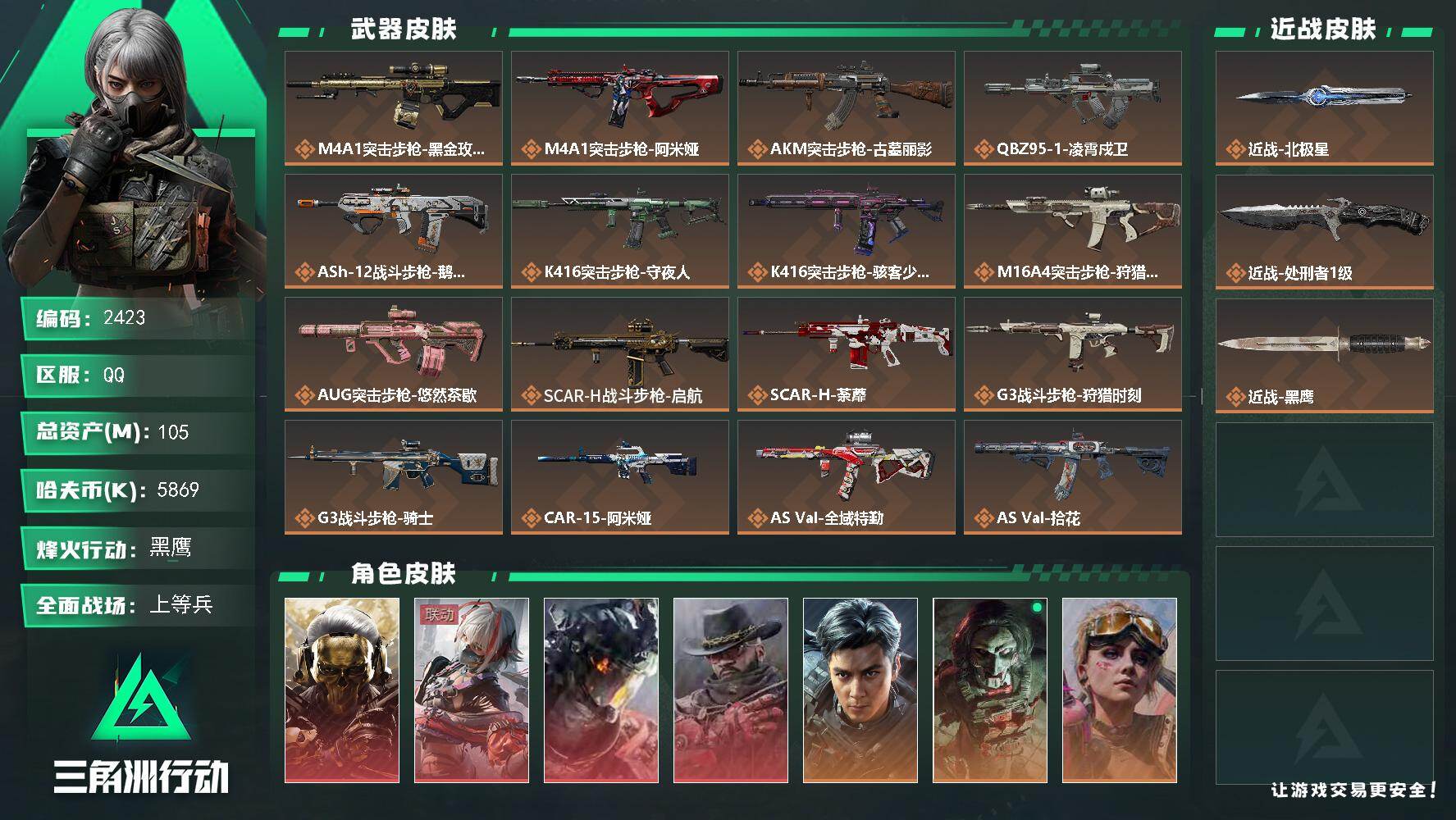 三角洲行动账号QQ105m总资产-5869k哈夫币-60烽火等级-黑鹰-50战场等级-上等兵
【干员外观】：红狼-蚀金