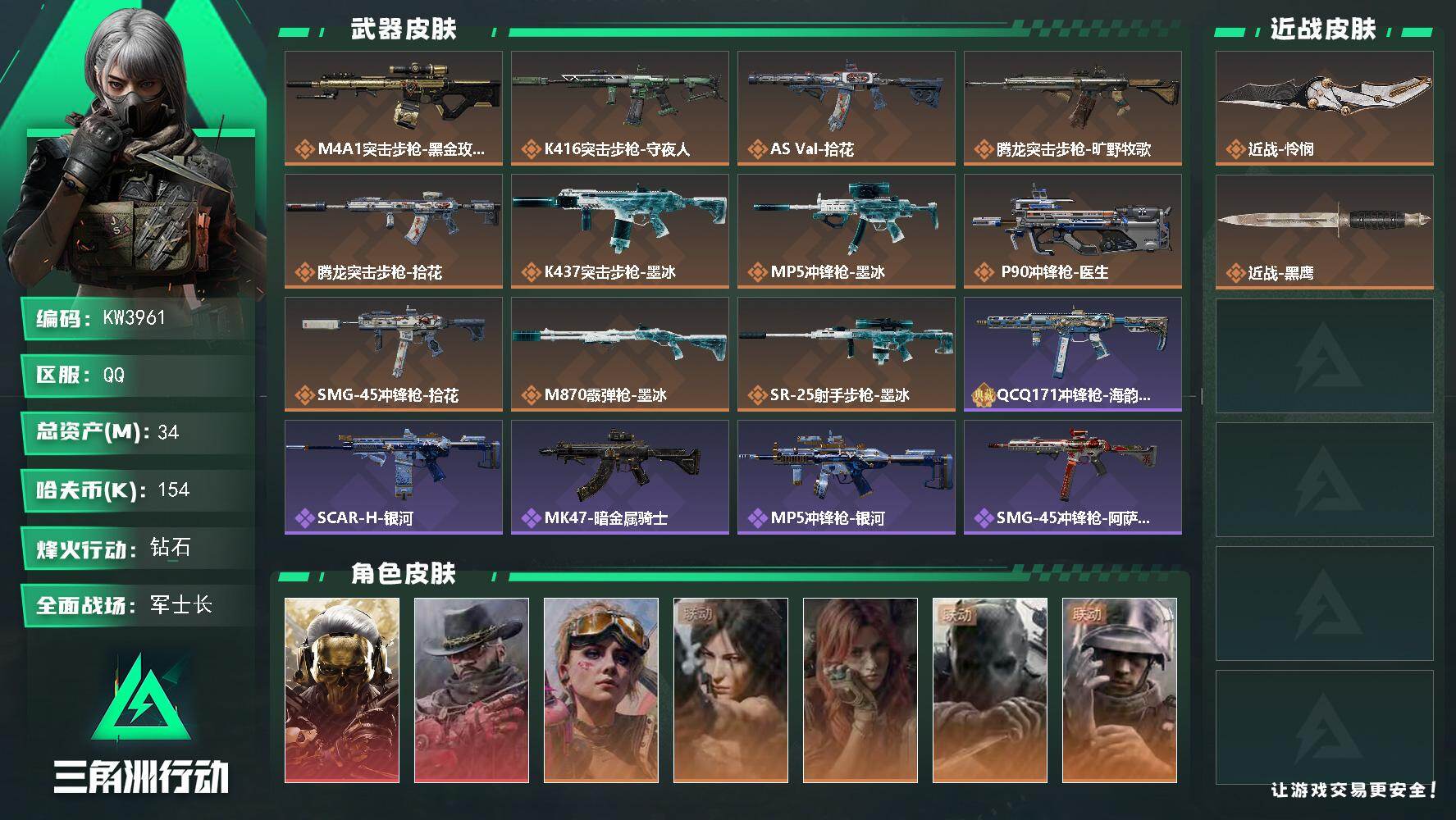 三角洲行动账号QQ【KW3961】总资产34M/哈夫币15万/传说近战数1/干员外观数7/传说枪皮数11/战场等级32/行动等级60/安全箱等时效性道具以游戏内数据为准，详情请看图/蚀金玫瑰/审判/时间溶解/时之书/