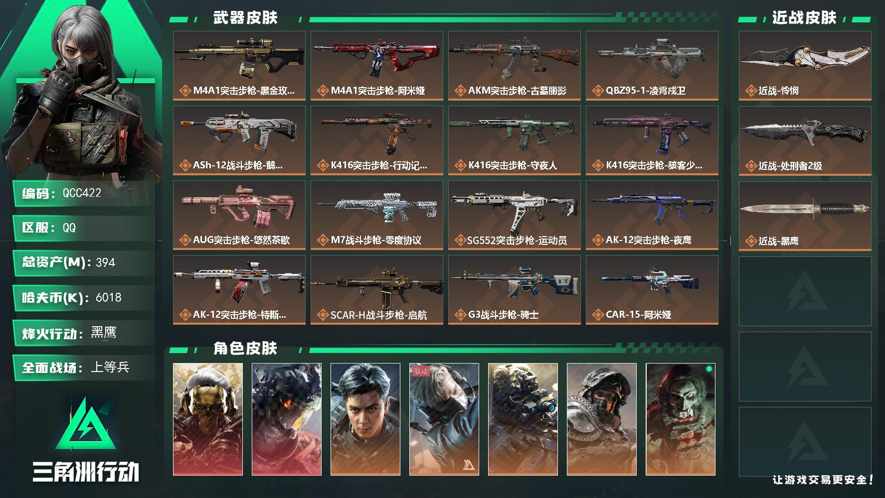 QCC422/QQ区【极品高资产+2刀2红吴彦祖+9级大仓库+满级体力+收藏超多大红+非洲之心+仓库多6套+S11赛季2*3安全箱+111发AWM子弹非洲之心高爆高资产皮肤满级账号】【总资产:394M】【近战-怜悯】【红狼-蚀金玫瑰+威龙-凌霄戍卫】/烽火等级:60/全面战场：45/纯币:6004K/三角券加币：36（三角币16+三角券20）【红狼-电锯惊魂+威龙-飞虎+无名-夜鹰+无名-守夜人+疾风-西部往事+蜂医-无题密令+蜂医-医生+蛊-不羁人生+乌鲁鲁-荒原猎手+深蓝-不破誓约+露娜-金牌射手】//部门:33322/特勤等级（技术中心3级/工作台3级/制药台3级/防具台3级/仓库9级/指挥中心4级/训练中心7级/靶场5级/潜水中心1级/收藏室2级）---墨冰捆绑包---/橙色挂饰x19/流动资产：366M段位：黑鹰/详细看图