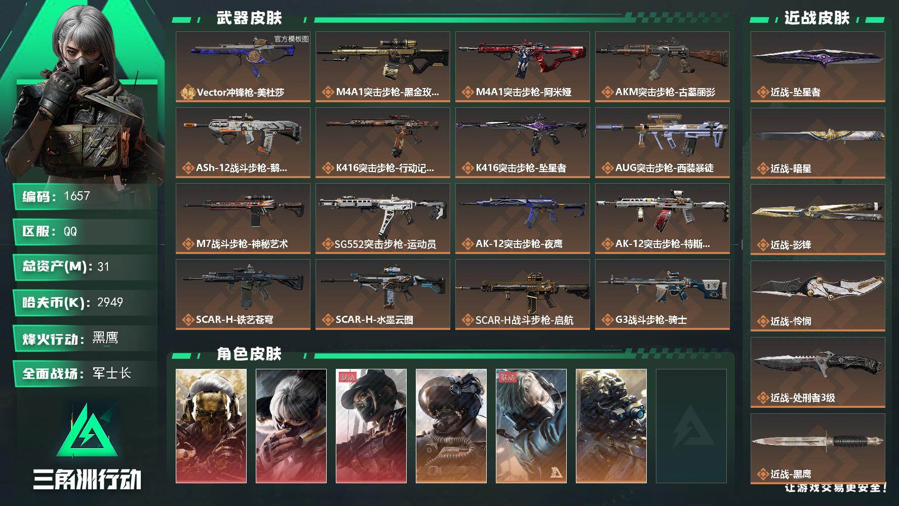 三角洲行动账号QQ31m总资产-2949k哈夫币-60烽火等级-黑鹰-50战场等级-军士长
【干员外观】：红狼-蚀金玫