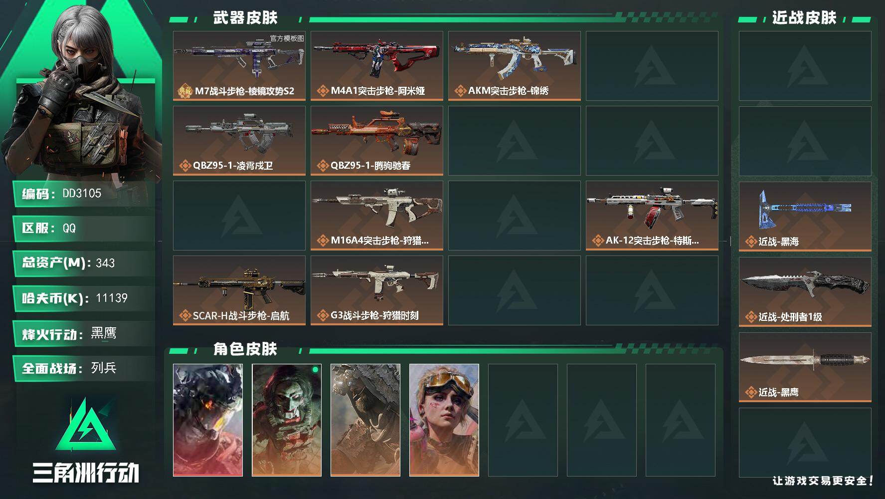 DD3105/Q区【0封禁/热门4刀1砖1红皮/高资产343M/超高爆率非洲之心x3/赛季3*3（皮肤）/AW子弹36发极品猛攻号】【总资产:343M+M7（优品A）+近战重塑+近战黑海+近战坠星者+近战处刑者+威龙-凌霄戍卫+非洲之心x3+AW子弹36发+赛季3x3（皮肤）】/烽火等级:60级/全面战场：13级/纯币:11130K/三角券加币：46（三角币20+三角券26）【优品A-M7战斗步枪-棱镜攻势S2】【近战-重塑/近战-黑海/近战坠-星者/近战-处刑者】【威龙-凌霄戍卫】【疾风-西部往事/深蓝-盾峰/无名-守夜人/银翼-未结卷宗/蛊-不羁人生/骇客少女-骇爪/乌鲁鲁-荒原猎手/红狼-电锯惊魂】/部门:32332/特勤等级（技术中心3级/工作台3级/制药台3级/防具台3级/仓库8级/指挥中心6级/训练中心6级/靶场7级/潜水中心1级/收藏室1级/洗消舱1级）---阿米娅捆绑包+锦绣捆绑包+特斯拉线圈捆绑包+狩猎时刻捆绑包+万金泪冠捆绑包+电锯惊魂捆绑包+墨冰捆绑包+拾花捆绑包+马年祥瑞捆绑包---橙色挂饰x9/段位：黑鹰lll（流动资产：299M）详情看图
