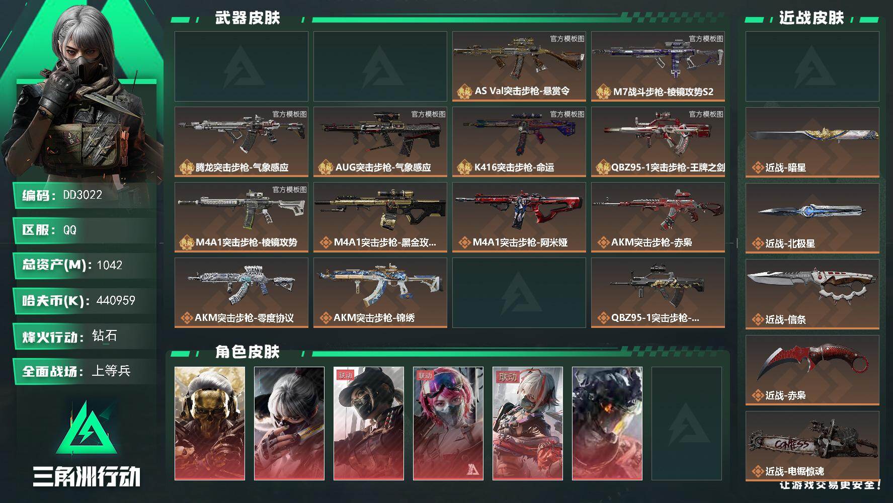 DD3022/可二次/Q区【可过户极品白钻非洲老大哥谁买谁带π闭眼入】【11典藏极品白钻M7/7刀6红高资产高纯币高特勤】【总资产:1B（纯币440M）+352发AW子弹+近战赤枭+近战北极星+近战信条+近战处刑者+近战坠星者+近战电锯惊魂+近战暗星+非洲之心+部门全4+仓库10+S11赛季3X3+满体满负+守信不渝】/烽火等级:60级/全面战场：60级/纯币:440M/三角券加币：480（三角币120+三角券360）【极品B/优品B -M7战斗步枪-棱镜攻势S2/极品S-AKM突击步枪-群星/优品S-腾龙突击步枪-气象感应（炎热）/优品C-AS Val突击步枪-悬赏令/优品S-AUG突击步枪-气象感应/优品S-KC17突击步枪-造物纪元/优品S-QBZ95-1突击步枪-王牌之剑/优品S-M4A1突击步枪-棱镜攻势/优品（A/C）-K416突击步枪-命运】【近战赤枭/近战信条/近战处刑者/近战坠星者/近战暗星/近战电锯惊魂/近战处刑者】【红狼-蚀金玫瑰/骇爪-水墨云图/威龙-凌霄戍卫/露娜-黑天际线/骇爪-维什戴尔/蛊-能天使午夜邮差】/蛊-不羁人生/威龙-铁面判官/威龙-壮志凌云/深蓝-盾峰/深蓝-不破誓约/无名-守夜人/无名-夜鹰/部门:44444/特勤等级（技术中心3级/工作台3级/制药台3级/防具台3级/仓库10级/指挥中心6级/训练中心7级/靶场7级/潜水中心3级/收藏室2级/洗消舱2级）橙色挂饰x38/ M4A1突击步枪-阿米娅/M4A1突击步枪-蚀金玫瑰/AKM突击步枪-赤枭/段位：钻石II（流动资产：938.7M）详情看图xsy

