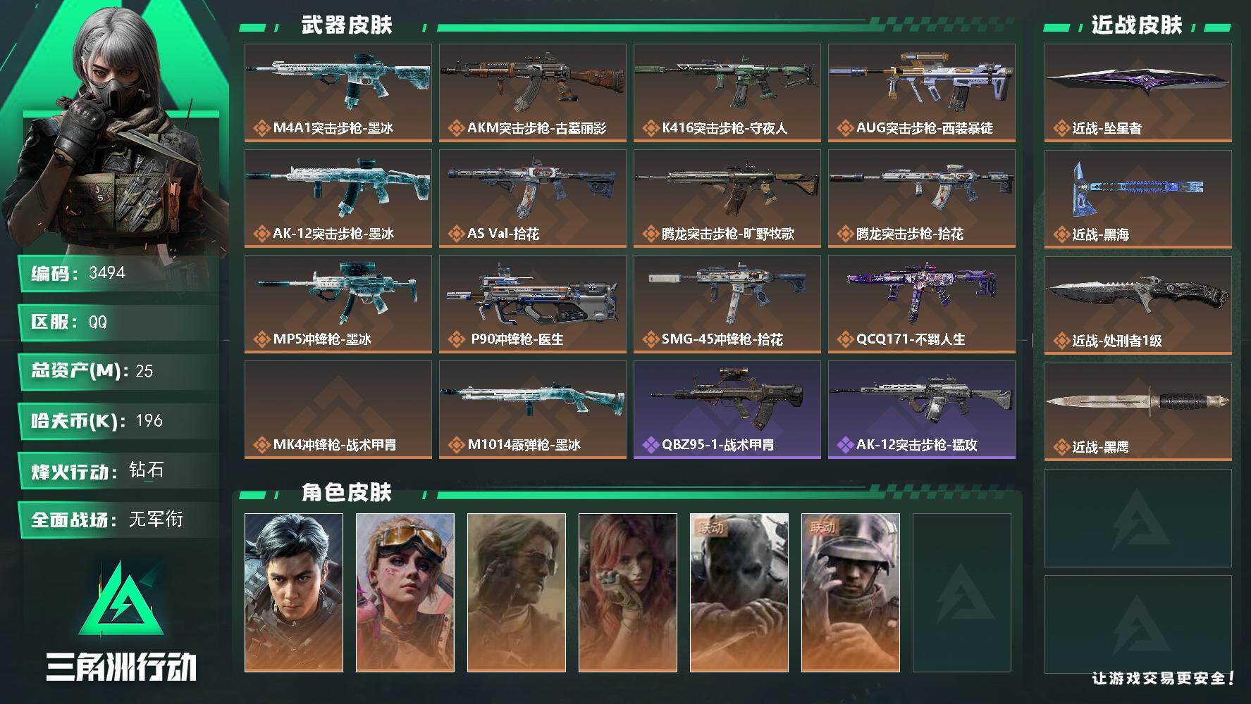 三角洲行动账号QQ25m总资产-196k哈夫币-60烽火等级-钻石-5战场等级-无军衔
【干员外观】：威龙-飞虎，蛊-