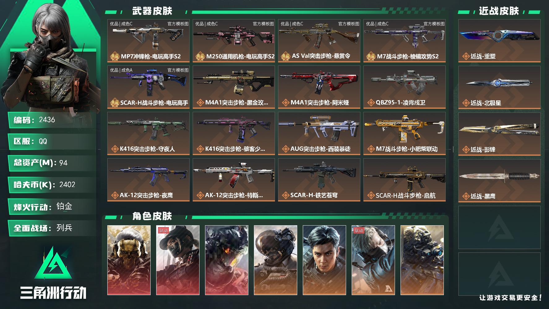 94m总资产-2402k哈夫币-60烽火等级-铂金-28战场等级-列兵
【干员外观】：红狼-蚀金玫瑰，露娜-黑·天际线，威龙-凌霄戍卫，威龙-壮志凌云，威龙-飞虎，蜂医-送葬人·无题密令，无名-夜鹰，乌鲁鲁-荒原猎手，银翼-未结卷宗，无名-守夜人，深蓝-盾峰
【近战皮肤】：近战-重塑，近战-北极星，近战-影锋，近战-黑鹰
【典藏外观】：MP7冲锋枪-电玩高手S2，M250通用机枪-电玩高手S2