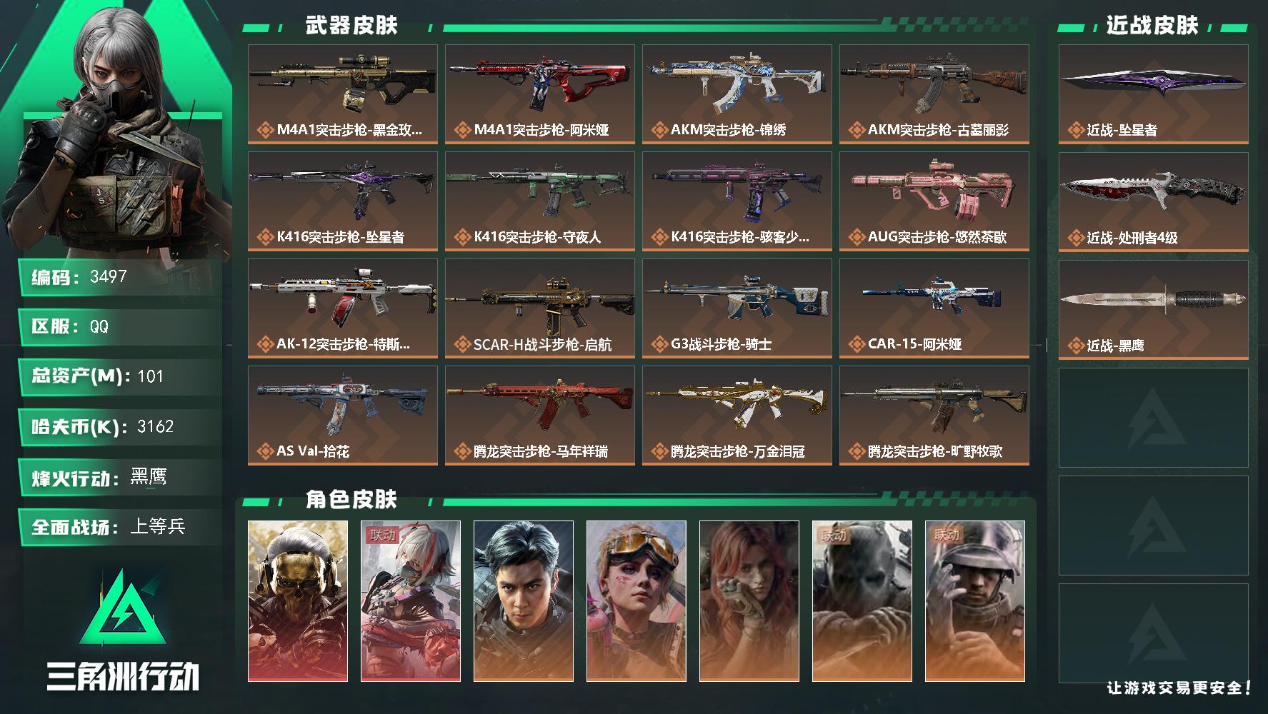 101m总资产-3162k哈夫币-60烽火等级-黑鹰-50战场等级-上等兵
【干员外观】：红狼-蚀金玫瑰，骇爪-维什戴尔，威龙-飞虎，蛊-不羁人生，疾风-西部往事，无名-守夜人，蜂医-医生，骇爪-骇客少女
【近战皮肤】：近战-坠星者，近战-处刑者4级，近战-黑鹰
【传说外观】：M4A1突击步枪-蚀金玫瑰，M4A1突击步枪-阿米娅，AKM突击步枪-锦绣，AKM突击步枪-古墓丽影，K416突击步枪