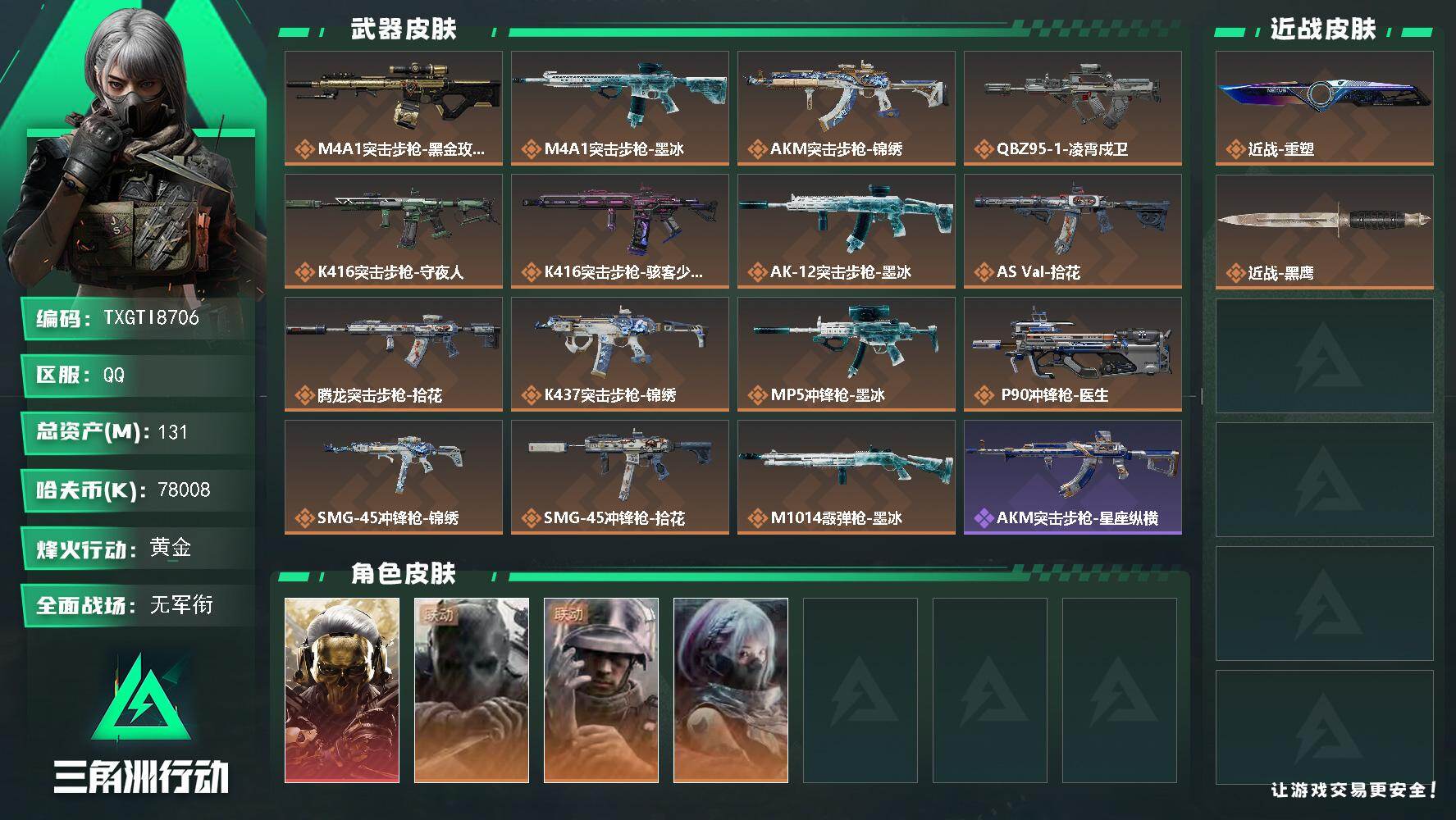 三角洲行动账号QQ【TTI8706】131m总资产-78008k哈夫币-60烽火等级-黄金-1战场等级-无军衔
75发