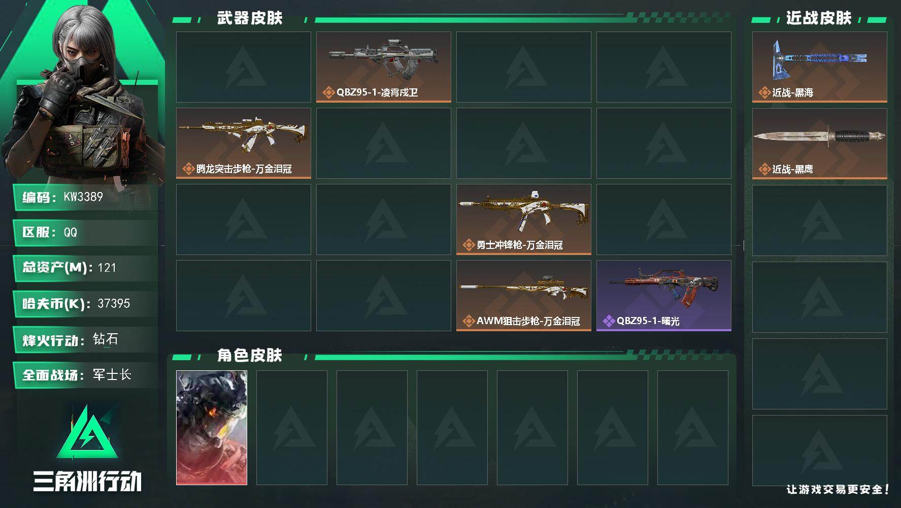三角洲行动账号QQ【KW3389】总资产121M/哈夫币3739万/传说近战数1/干员外观数3/传说枪皮数15/战场等级35/行动等级60/安全箱等时效性道具以游戏内数据为准，详情请看图/凌霄戍卫/崩岩重炮/福禄/聚