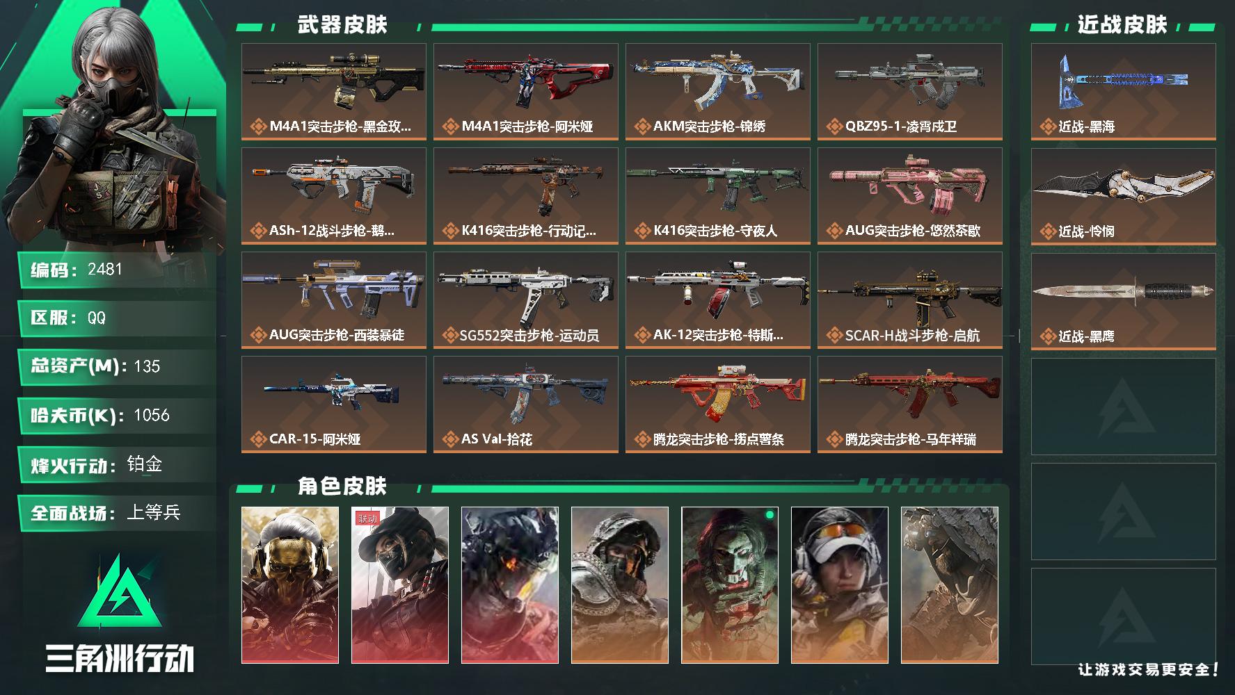 135m总资产-1056k哈夫币-60烽火等级-铂金-50战场等级-上等兵
【干员外观】：红狼-蚀金玫瑰，露娜-黑·天际线，威龙-凌霄戍卫，深蓝-不破誓约，红狼-电锯惊魂，露娜-金牌射手，乌鲁鲁-荒原猎手，蛊-不羁人生，银翼-未结卷宗，露娜-劳拉·克劳馥，疾风-西部往事，无名-守夜人，蜂医-医生
【近战皮肤】：近战-黑海，近战-怜悯，近战-黑鹰
【传说外观】：M4A1突击步枪-蚀金玫瑰，M4A