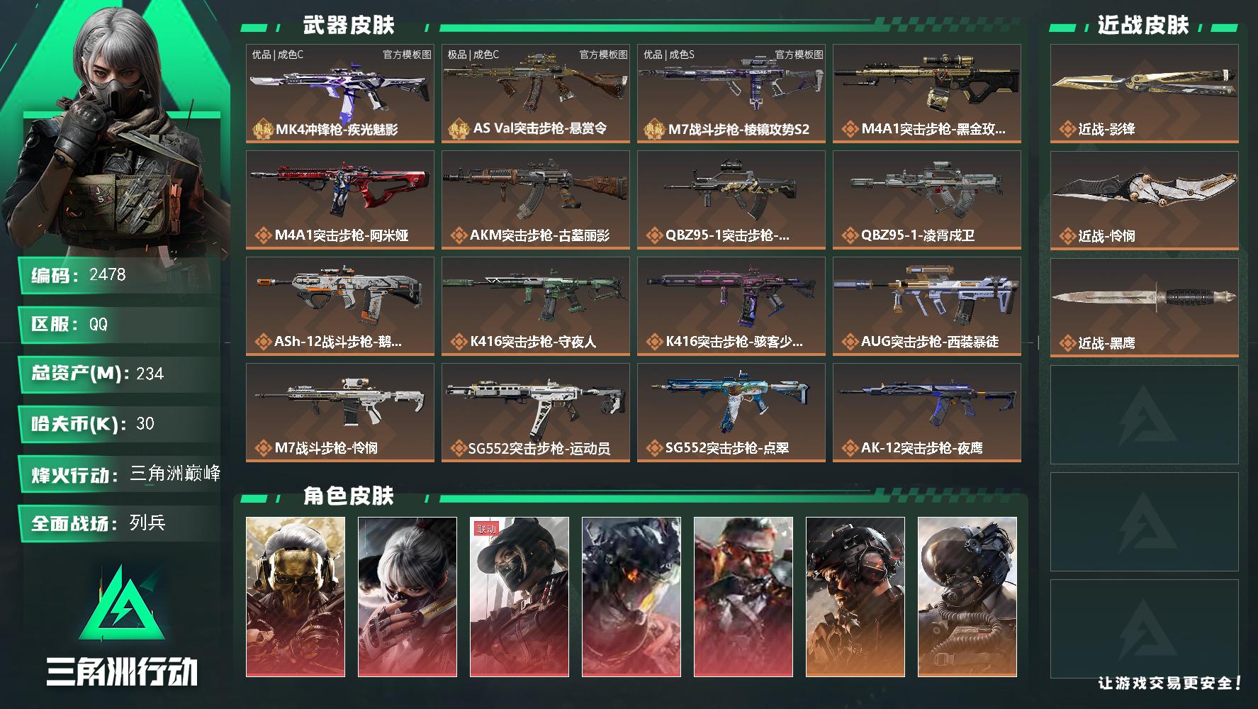234m总资产-30k哈夫币-60烽火等级-三角洲巅峰-34战场等级-列兵
【干员外观】：红狼-蚀金玫瑰，骇爪-水墨云图，露娜-黑·天际线，威龙-凌霄戍卫，乌鲁鲁-狂怒，威龙-铁面判官，威龙-壮志凌云，威龙-飞虎，蜂医-送葬人·无题密令，无名-夜鹰，深蓝-不破誓约，红狼-电锯惊魂，露娜-金牌射手，乌鲁鲁-荒原猎手，银翼-未结卷宗，疾风-西部往事，无名-守夜人，深蓝-盾峰，骇爪-骇客少女
【近战