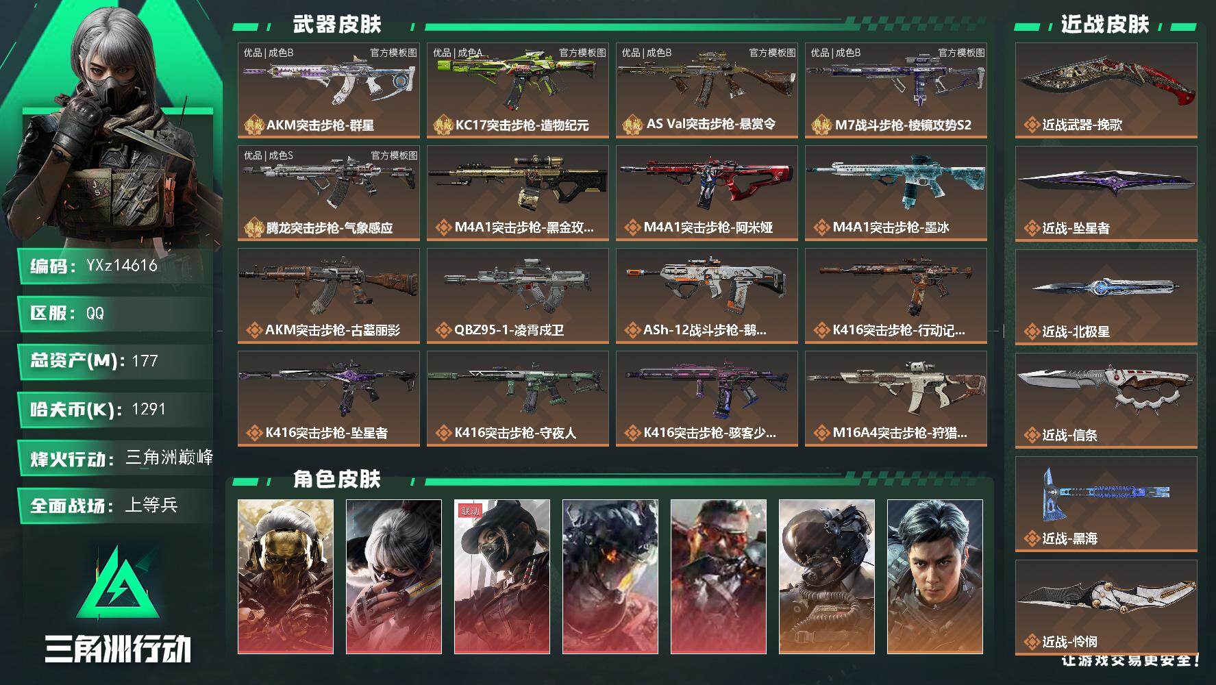 【总资产177M+哈夫币129.1万+三角券52】【满体满负】【5红皮14金皮8刀皮5砖皮】【红皮：蚀金玫瑰-黑天际线-凌霄戍卫-水墨云图-狂怒】【稀有金皮：飞虎】【刀皮：赤枭-怜悯-黑海-北极星-信条-坠星者-挽歌-处刑者4级】【AKM突击步枪-群星-优品B-大理石-蓝白】【KC17突击步枪-造物纪元-优品A-黑白粉】【AS Val突击步枪-悬赏令-优品B-贵金属镭射-白金】【M7战斗步枪-棱镜攻势S2-优品B-贵金属-纯白】【腾龙突击步枪-气象感应-优品S-雷电-黄白】【连体无畏端游-9440皮肤总价值】
【Q区三端互通】【无二协助处理】YXz14616-特勤处：仓库10级/靶场7级/训练中心7级177m总资产-1291k哈夫币-60烽火等级-三角洲巅峰-41战场等级-上等兵
【干员外观】：红狼-蚀金玫瑰，骇爪-水墨云图，露娜-黑·天际线，威龙-凌霄戍卫，乌鲁鲁-狂怒，威龙-壮志凌云，威龙-飞虎，蜂医-送葬人·无题密令，无名-夜鹰，深蓝-不破誓约，红狼-电锯惊魂，露娜-金牌射手，乌鲁鲁-荒原猎手，蛊-不羁人生，银翼-未结卷宗，露娜-劳拉·克劳馥，疾风-西部往事，无名-守夜人，蜂医-医生
【近战皮肤】：近战-挽歌，近战-坠星者，近战-北极星，近战-信条，近战-黑海，近战-怜悯，近战-赤枭，近战-处刑者4级，近战-黑鹰
【典藏外观】：AKM突击步枪-群星，KC17突击步枪-造物纪元，AS Val突击步枪-悬赏令，M7战斗步枪-棱镜攻势S2，腾龙突击步枪-气象感应
【典藏外观成色】：AKM突击步枪-群星(优品B)，KC17突击步枪-造物纪元(优品A)，AS Val突击步枪-悬赏令(优品B)，M7战斗步枪-棱镜攻势S2(优品B)，腾龙突击步枪-气象感应(优品S)
【传说外观】：M4A1突击步枪-蚀金玫瑰，M4A1突击步枪-阿米娅，M4A1突击步枪-墨冰，AKM突击步枪-古墓丽影，QBZ95-1突击步枪-凌霄戍卫，ASh-12战斗步枪-鹅鸭杀，K416突击步枪-行动记录，K416突击步枪-坠星者，K416突击步枪-守夜人，K416突击步枪-骇客少女，M16A4突击步枪-狩猎时刻，AUG突击步枪-悠然茶歇，AUG突击步枪-西装暴徒，M7战斗步枪-零度协议，SG552突击步枪-运动员，AK-12突击步枪-夜鹰，AK-12突击步枪-特斯拉线圈，AK-12突击步枪-墨冰，SCAR-H战斗步枪-铁艺苍穹，SCAR-H战斗步枪-水墨云图，SCAR-H战斗步枪-启航，SCAR-H战斗步枪-荼蘼，G3战斗步枪-狩猎时刻，CAR-15突击步枪-黑鹰坠落，CAR-15突击步枪-阿米娅，AS Val突击步枪-拾花，腾龙突击步枪-马年祥瑞，腾龙突击步枪-万金泪冠，腾龙突击步枪-旷野牧歌，腾龙突击步枪-拾花，KC17突击步枪-电锯惊魂，MK47突击步枪-悠然茶歇，MP5冲锋枪-墨冰，P90冲锋枪-信条，P90冲锋枪-医生，Vector冲锋枪-狩猎时刻，UZI冲锋枪-特斯拉线圈，UZI冲锋枪-悠然茶歇，UZI冲锋枪-挽歌，SMG-45冲锋枪-骑士，SMG-45冲锋枪-拾花，SR-3M紧凑突击步枪-特斯拉线圈，SR-3M紧凑突击步枪-荼蘼，勇士冲锋枪-能天使-午夜邮差，勇士冲锋枪-万金泪冠，QCQ171冲锋枪-鹅鸭杀，MK4冲锋枪-战术甲胄，M1014霰弹枪-墨冰，S12K霰弹枪-挽歌，725双管霰弹枪-送葬人-无题密令，FS-12霰弹枪-序列新生，PKM通用机枪-荼蘼，M250通用机枪-骑士之心，M250通用机枪-坠星者，QJB201轻机枪-鹅鸭杀，QJB201轻机枪-狂怒，M14射手步枪-蛮荒，M14射手步枪-缄花，M14射手步枪-古墓丽影，SKS射手步枪-骑士，SR-25射手步枪-水墨云图，SR-25射手步枪-信条，SR-25射手步枪-缄花，AWM狙击步枪-万金泪冠，.357左轮-缄花，G18-飞虎，G18-马年祥瑞，复合弓-黑·天际线
【史诗外观】：M4A1突击步枪-特勤执行，AKM突击步枪-林中猎手，AKM突击步枪-星座纵横，QBZ95-1突击步枪-曙光，QBZ95-1突击步枪-ACE，QBZ95-1突击步枪-战术甲胄，ASh-12战斗步枪-守夜人，ASh-12战斗步枪-无极限，K416突击步枪-冬日风情，K416突击步枪-腊梅，K416突击步枪-阿萨拉特攻，M16A4突击步枪-竞赛选手，AUG突击步枪-战术迷彩，AUG突击步枪-蝮蛇，AUG突击步枪-特勤执行，M7战斗步枪-百步穿杨，SG552突击步枪-尖端治疗，SG552突击步枪-深海恐惧，SG552突击步枪-哈夫克警备，AK-12突击步枪-猛攻，SCAR-H战斗步枪-囚徒，SCAR-H战斗步枪-银河，G3战斗步枪-流沙送葬，G3战斗步枪-哈夫克警备，PTR-32突击步枪-ACE，PTR-32突击步枪-英雄，PTR-32突击步枪-藏宝图，AS Val突击步枪-尖端治疗，AS Val突击步枪-典狱官，AS Val突击步枪-百步穿杨，AS Val突击步枪-战术甲胄，腾龙突击步枪-无垢，腾龙突击步枪-猎鳄行动，K437突击步枪-守护者，K437突击步枪-丛影谍踪，KC17突击步枪-旧日审判，MK47突击步枪-暗金属骑士，MCX LT突击步枪-户外达人，MP5冲锋枪-深海恐惧，MP5冲锋枪-战术竞备，MP5冲锋枪-竞技风，MP5冲锋枪-银河，P90冲锋枪-紧急戒备，P90冲锋枪-清算时刻，Vector冲锋枪-阿萨拉文明，Vector冲锋枪-红色彗星，Vector冲锋枪-猎鳄行动，Vector冲锋枪-百步穿杨，Vector冲锋枪-异域战争，UZI冲锋枪-港口艺术家，SMG-45冲锋枪-阿萨拉特攻，SMG-45冲锋枪-少女判客，SR-3M紧凑突击步枪-英雄，SR-3M紧凑突击步枪-荒野求生，SR-3M紧凑突击步枪-战术竞备，SR-3M紧凑突击步枪-开工大吉，SR-3M紧凑突击步枪-暗金属骑士，勇士冲锋枪-深海恐惧，勇士冲锋枪-工业狂潮，勇士冲锋枪-丛影谍踪，MP7冲锋枪-无垢，MP7冲锋枪-守护者，MP7冲锋枪-六套之力，MK4冲锋枪-旧日审判，MK4冲锋枪-战术甲胄，M1014霰弹枪-林中猎手，S12K霰弹枪-曙光，PKM通用机枪-蝮蛇，PKM通用机枪-守夜人，PKM通用机枪-荒野求生，PKM通用机枪-阿萨拉特攻，M249轻机枪-丛影谍踪，M249轻机枪-港口艺术家，M250通用机枪-囚徒，QJB201轻机枪-炽焰，QJB201轻机枪-Old Habits，QJB201轻机枪-旧日审判，Mini-14射手步枪-守护者，VSS射手步枪-丛影谍踪，SVD狙击步枪-阿萨拉工艺，SVD狙击步枪-暗夜猎手，SVD狙击步枪-荒野求生，M14射手步枪-黑鹰坠落，M14射手步枪-工业狂潮， M14射手步枪-航天庆典， M14射手步枪-猛攻，SKS射手步枪-ACE，SR-25射手步枪-尖端治疗，SR-25射手步枪-暗金属骑士，PSG-1射手步枪-无垢，PSG-1射手步枪-港口艺术家，杠杆式步枪-清算时刻，杠杆式步枪-银河，SV-98狙击步枪-林中猎手，SV-98狙击步枪-囚徒，SV-98狙击步枪-猎鳄行动，SV-98狙击步枪-清算时刻，R93狙击步枪-屏息，M700狙击步枪-竞技风，M700狙击步枪-蝮蛇，M700狙击步枪-守夜人，M700狙击步枪-百步穿杨，M700狙击步枪-哈夫克警备，M700狙击步枪-星座纵横，AWM狙击步枪-无极限，AWM狙击步枪-流沙送葬，.357左轮-幸运时刻，沙漠之鹰-曙光，复合弓-守护者
【稀有外观】：QCQ171冲锋枪-磁暴脉冲，M4A1突击步枪-蜂窝科技，M4A1突击步枪-繁盛，AKM突击步枪-战术演练，AKM突击步枪-肃杀，AKM突击步枪-铁血战魂，QBZ95-1突击步枪-公平竞技，ASh-12战斗步枪-前沿科技，ASh-12战斗步枪-星链科技，ASh-12战斗步枪-哈夫克航天，ASh-12战斗步枪-繁盛，K416突击步枪-街头涂鸦，K416突击步枪-黑骑士，K416突击步枪-虎啸，K416突击步枪-一帆风顺，M16A4突击步枪-远航，M7战斗步枪-精英联盟，M7战斗步枪-捣蛋鬼，SG552突击步枪-开拓，SG552突击步枪-2026，SG552突击步枪-马年新春，SG552突击步枪-贴花艺术， AK-12突击步枪-马年新春，AK-12突击步枪-运动会，AK-12突击步枪-机械工业，SCAR-H战斗步枪-远航，SCAR-H战斗步枪-荣耀列队，SCAR-H战斗步枪-黄昏，SCAR-H战斗步枪-开心时刻，SCAR-H战斗步枪-猛攻，G3战斗步枪-战术演练，G3战斗步枪-主宰*2，PTR-32突击步枪-天网，PTR-32突击步枪-英雄，PTR-32突击步枪-清洁能源，CAR-15突击步枪-来财，AS Val突击步枪-精英联盟 ，腾龙突击步枪-雪崩，腾龙突击步枪-冰天雪地，K437突击步枪-天狼星，KC17突击步枪-精英联盟，KC17突击步枪-来财，MK47突击步枪-冰河潜伏者，MK47突击步枪-执法武装，MCX LT突击步枪-运动会，MP5冲锋枪-弄臣，MP5冲锋枪-虎啸，MP5冲锋枪-哈夫克卫队，P90冲锋枪-开拓，P90冲锋枪-蛇年新春，P90冲锋枪-浅鲨小队，P90冲锋枪-新生，P90冲锋枪-黄昏，P90冲锋枪-捣蛋鬼，P90冲锋枪-执法武装，Vector冲锋枪-先锋，Vector冲锋枪-街头涂鸦，Vector冲锋枪-蜂窝科技，Vector冲锋枪-行动开启，UZI冲锋枪-亚特兰蒂斯，野牛冲锋枪-新生，SMG-45冲锋枪-哈夫克卫队，SMG-45冲锋枪-行动开启，SMG-45冲锋枪-幻影结构，SMG-45冲锋枪-天网，SR-3M紧凑突击步枪-雪崩，SR-3M紧凑突击步枪-英雄，SR-3M紧凑突击步枪-马年新春，勇士冲锋枪-主宰，勇士冲锋枪-冰天雪地，MP7冲锋枪-幻影结构，MP7冲锋枪-钢铁之躯，QCQ171冲锋枪-银鹭，M1014霰弹枪-幻影结构，S12K霰弹枪-战术演练，M870霰弹枪-蛇年新春，M870霰弹枪-执法武装，PKM通用机枪-英雄，PKM通用机枪-精英联盟，M249轻机枪-冰天雪地，M250通用机枪-虎啸，M250通用机枪-天网，QJB201轻机枪-远航，QJB201轻机枪-黄昏，QJB201轻机枪-哈夫克卫队，QJB201轻机枪-精英联盟，QJB201轻机枪-猛攻，QJB201轻机枪-动力机能，Mini-14射手步枪-蛇年新春，Mini-14射手步枪-荣耀列队，Mini-14射手步枪-来财，VSS射手步枪-童趣，VSS射手步枪-动力机能，M14射手步枪-前沿科技，SKS射手步枪-弄臣，SKS射手步枪-雪崩，SR-25射手步枪-开拓，SR-25射手步枪-蜂窝科技，SR-9射手步枪-街头涂鸦，PSG-1射手步枪-主宰，Marlin杠杆步枪-猛攻，杠杆式步枪-运动会，SV-98狙击步枪-星链科技，SV-98狙击步枪-哈夫克航天，SV-98狙击步枪-精英联盟，SV-98狙击步枪-清洁能源，R93狙击步枪-远航，QSZ92G-一帆风顺，G18-星链科技，G18-哈夫克航天，G18-战术练习，93R-蜂窝科技
【普通外观】：MP5冲锋枪-蛇纹涂装，VSS射手步枪-噬菌体，SKS射手步枪-猎豹图案，FS-12霰弹枪-夜穹，M4A1突击步枪-粉色涂装，M4A1突击步枪-高雅黑，M4A1突击步枪-蛛网，M4A1突击步枪-海色，AKM突击步枪-彩墨喷涂，QBZ95-1突击步枪-高雅黑，QBZ95-1突击步枪-海浪，QBZ95-1突击步枪-三角洲力量，QBZ95-1突击步枪-海色，QBZ95-1突击步枪-2026，腾龙突击步枪-三角洲力量，腾龙突击步枪-彩墨喷涂，ASh-12战斗步枪-滋水枪，K416突击步枪-几何迷彩，K416突击步枪-高雅黑，K416突击步枪-重击，K416突击步枪-安全工作，M16A4突击步枪-三角洲力量，M16A4突击步枪-山林猎人，M16A4突击步枪-高雅黑，M16A4突击步枪-玲珑，AUG突击步枪-浅蓝涂装，AUG突击步枪-落花，AUG突击步枪-假日