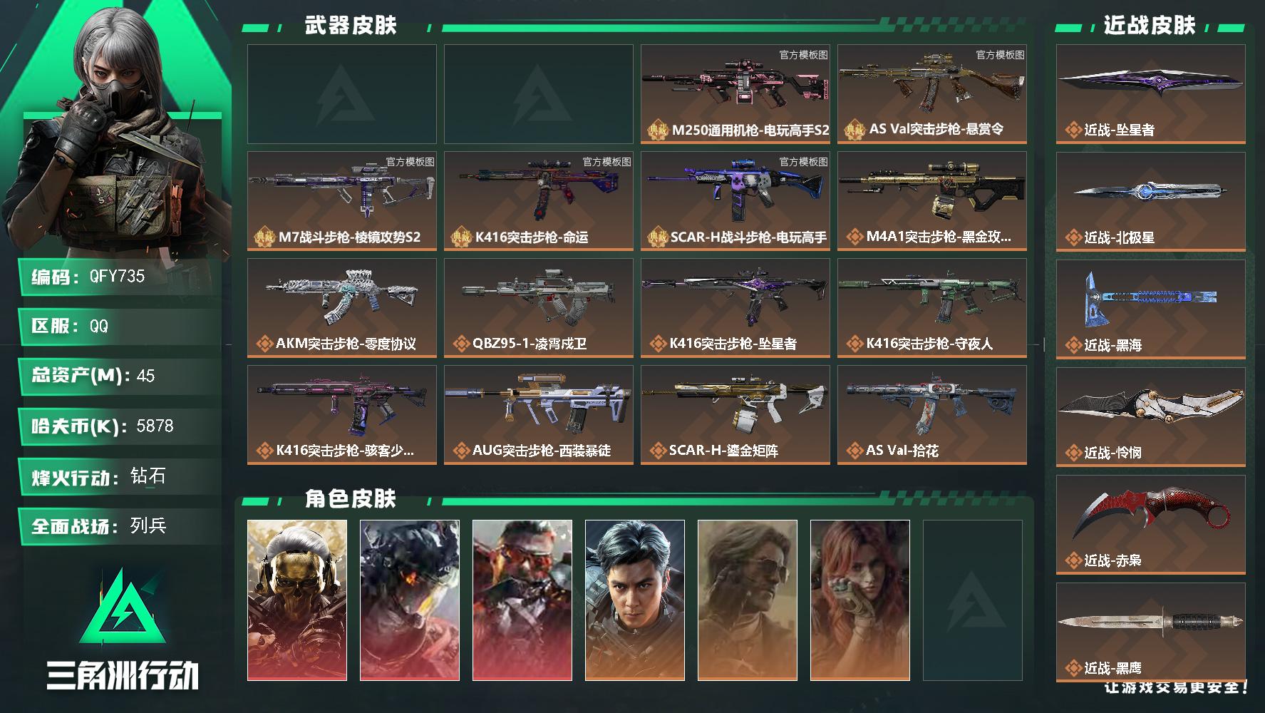 QFY735/QQ区/【精品无开挂封禁+最热门5刀皮3红皮7砖皮成品皮肤号】【总资产:46M+M7棱镜（优品C）+MK4疾光魅影（优品B）+M250砖皮（优品B）+KC17造物纪元（优品C）+巨浪悬赏令（优品C）+SCar电玩（优品B）+K416命运（优品C）++S11赛季2×3+近战赤枭+近战北极星+近战怜悯+近战黑海+近战坠星者+红狼蚀金玫瑰+威龙凌霄戍卫+乌鲁鲁狂怒】/烽火等级:60级/全面战场：17级/纯币:5877K/三角券加币：69（69三角币+0三角券）【近战-赤枭/近战-北极星/近战-怜悯/近战-黑海/近战-坠星者】【红狼-蚀金玫瑰/威龙-凌霄戍卫/乌鲁鲁-狂怒】【威龙-飞虎/无名-守夜人/疾风-西部往事/深蓝-盾峰/银翼-未结卷宗】//部门:22222/特勤等级（技术中心3级/工作台3级/制药台3级/防具台3级/仓库7级/指挥中心5级/训练中心6级/靶场6级/潜水中心2级/收藏室1级）---万金泪冠捆绑包/拾花捆绑包/墨冰捆绑包---/橙色挂饰x8/流动资产：9M段位：黑鹰/详细看图